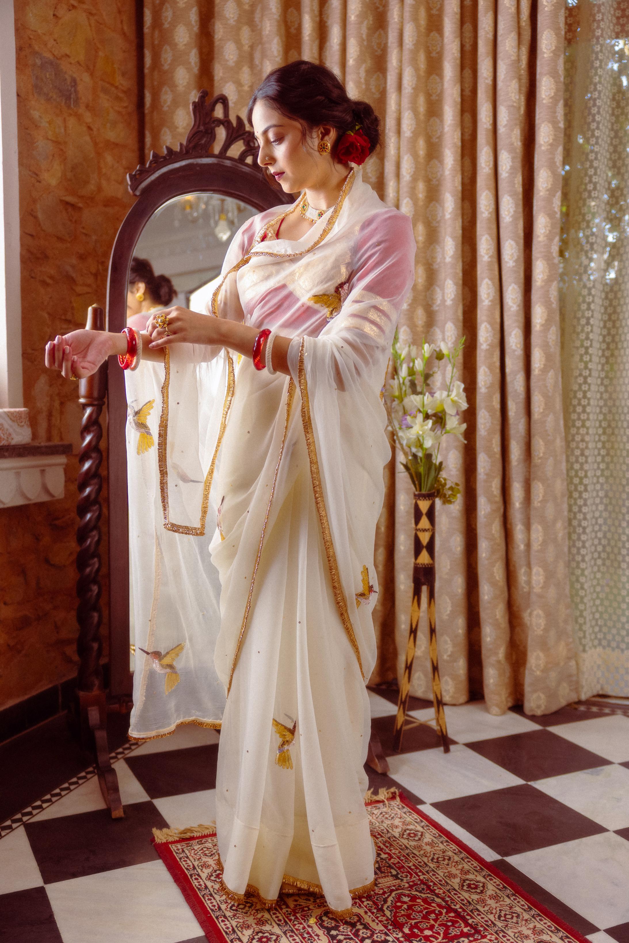White Viscose Chiffon Aari Resham Sequins Handwork Saree