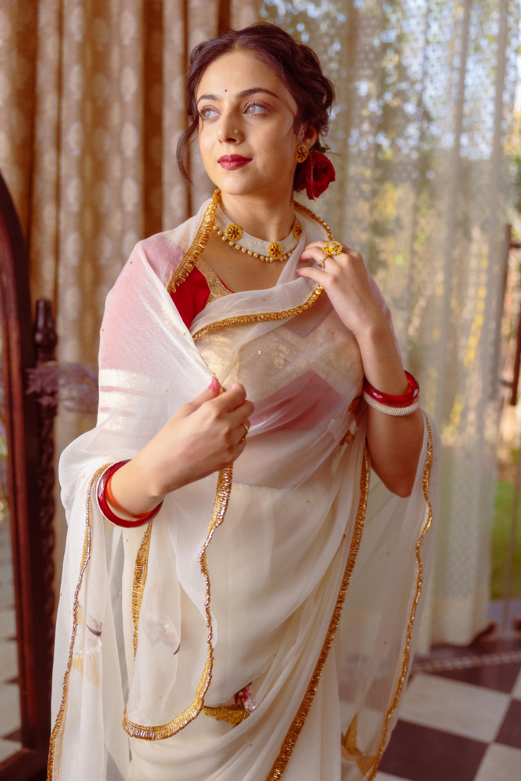 White Viscose Chiffon Aari Resham Sequins Handwork Saree