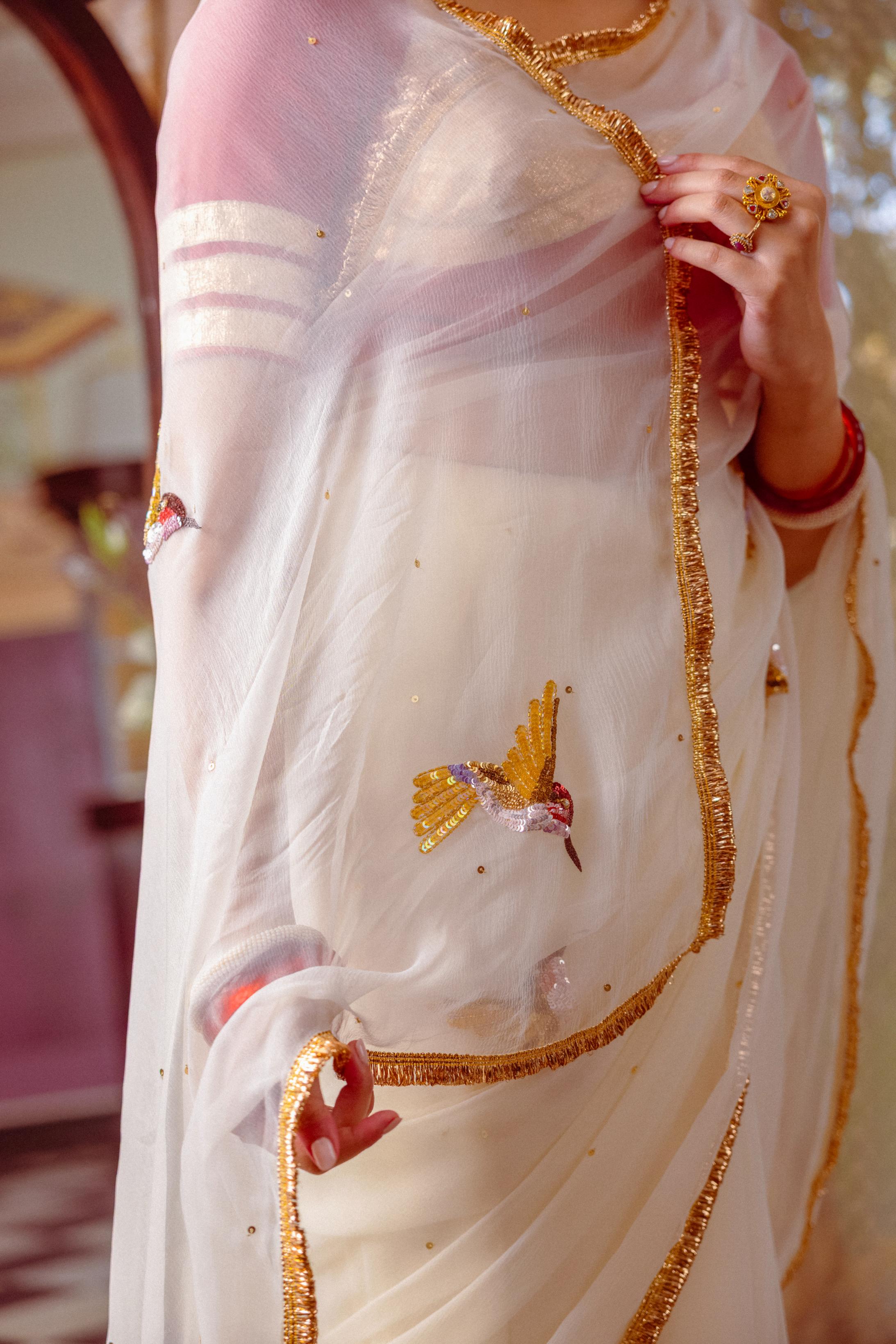 White Viscose Chiffon Aari Resham Sequins Handwork Saree