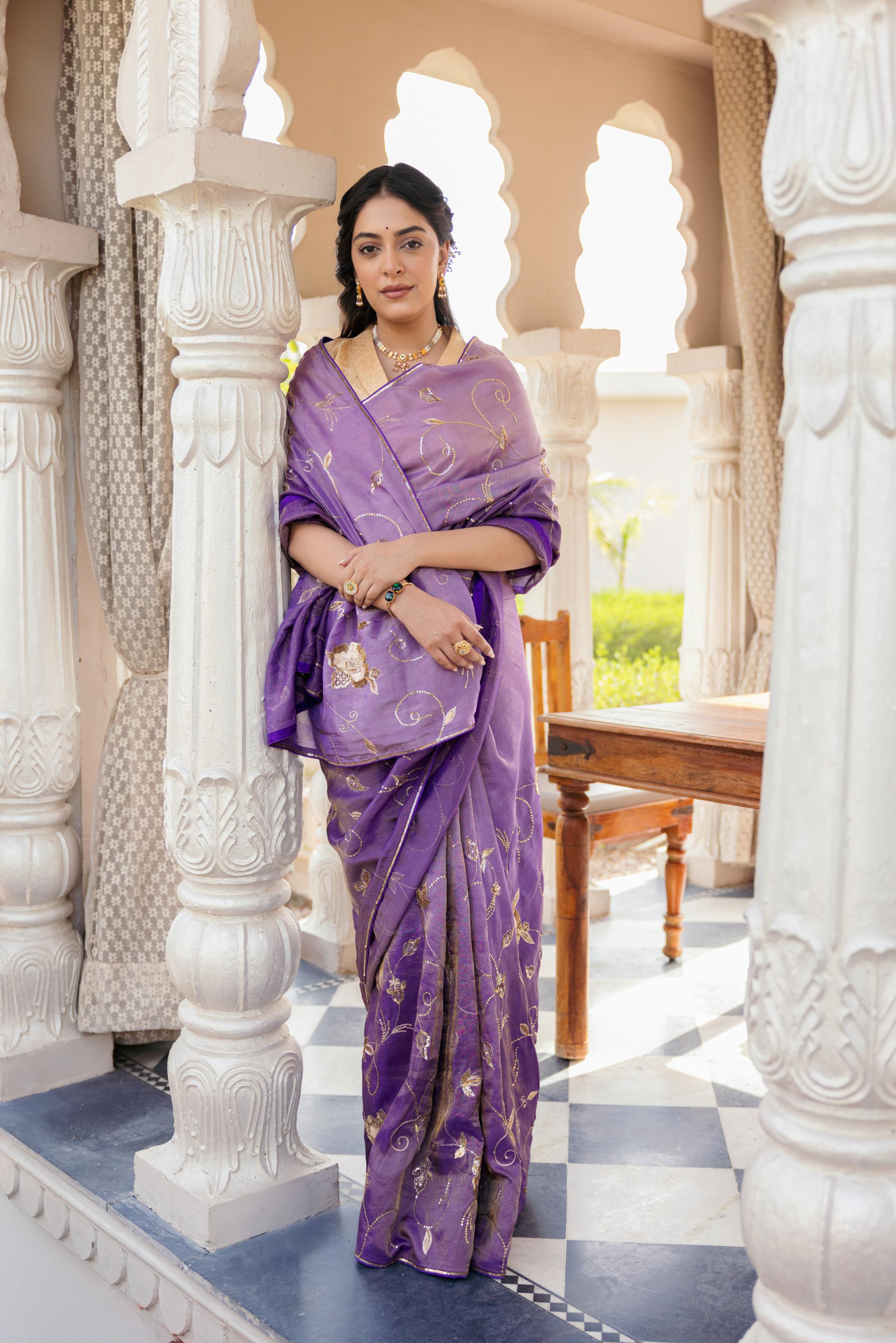 Purple Tissue Aari Tari Jaal work Saree Handwork Saree