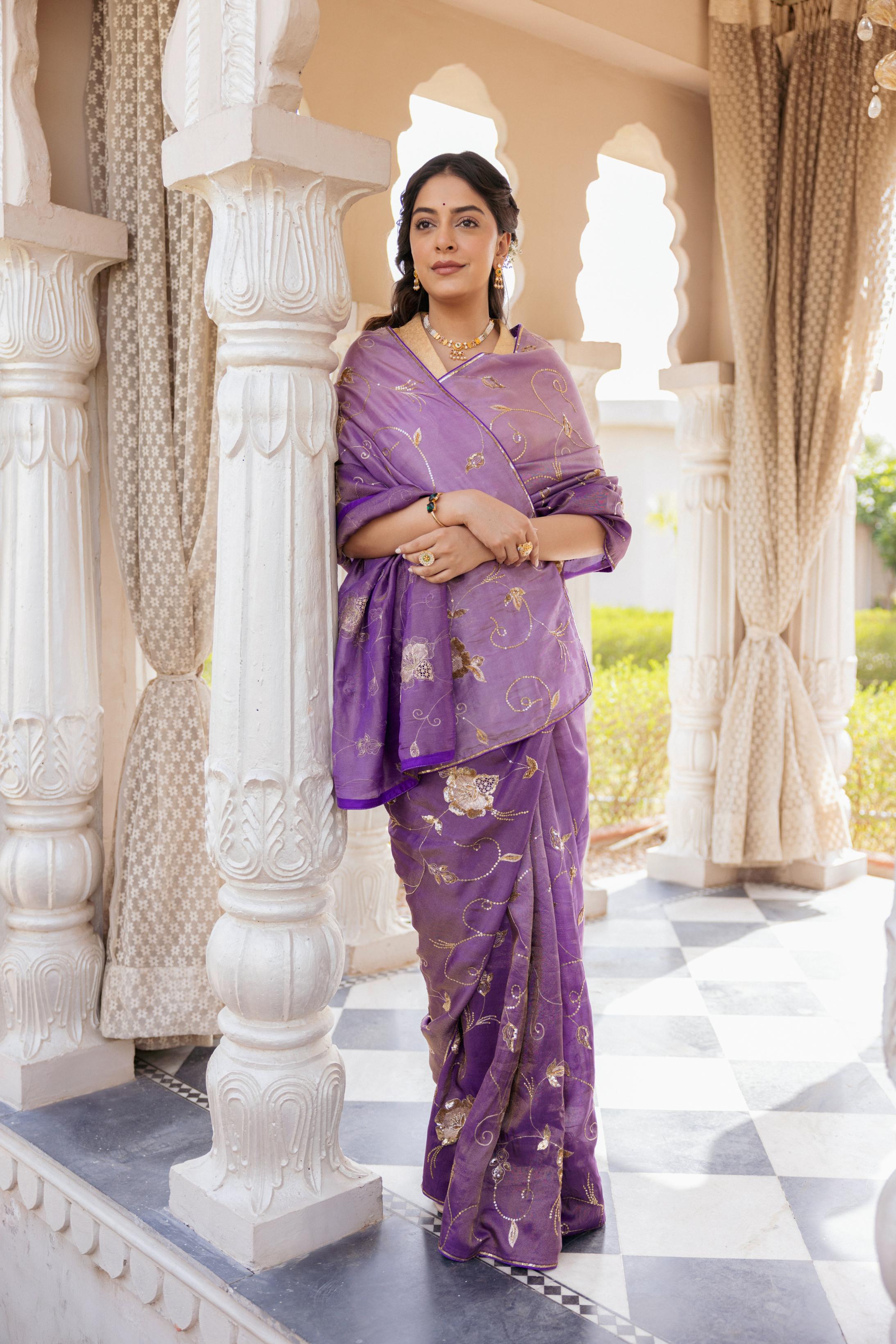 Purple Tissue Aari Tari Jaal work Saree Handwork Saree