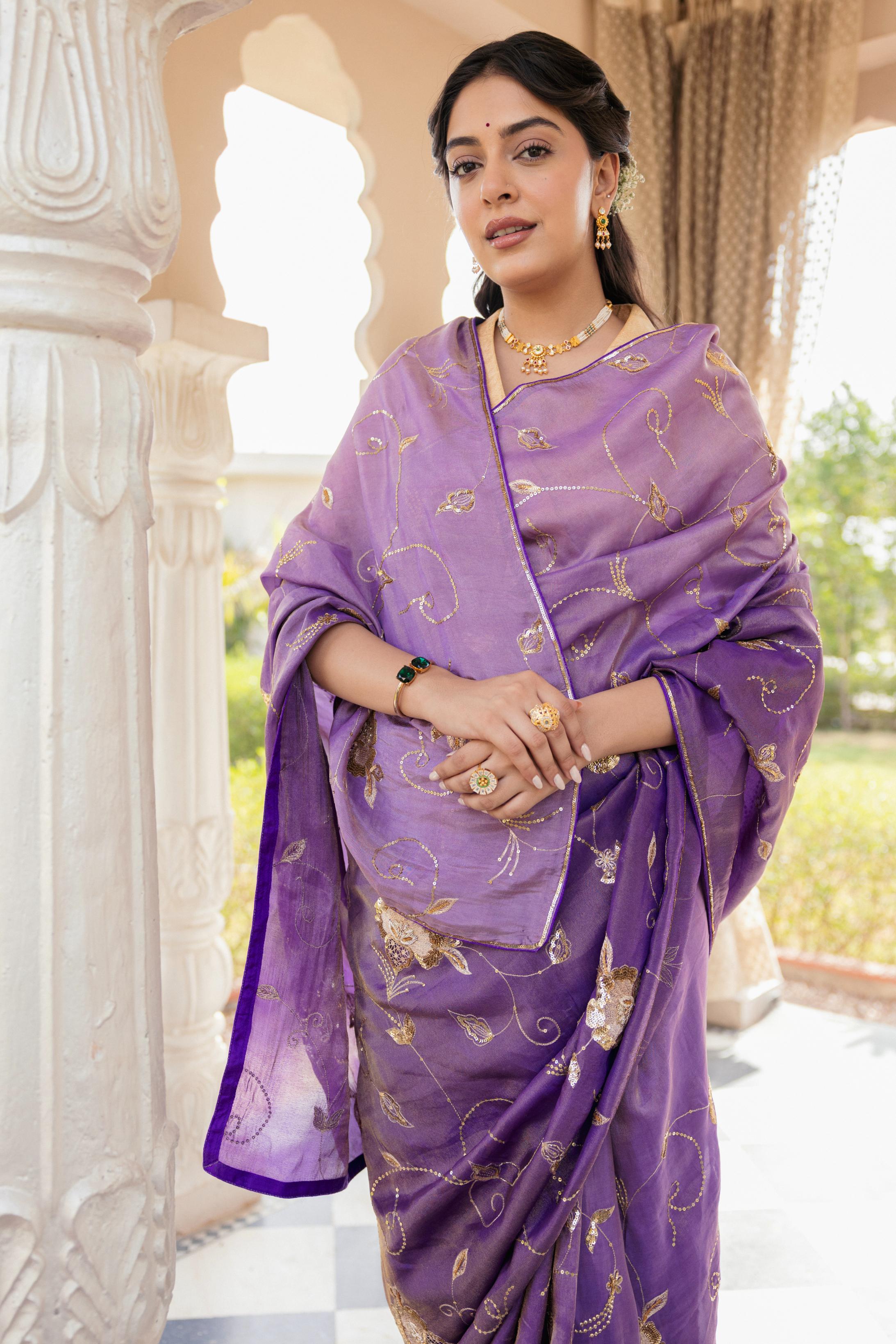 Purple Tissue Aari Tari Jaal work Saree Handwork Saree