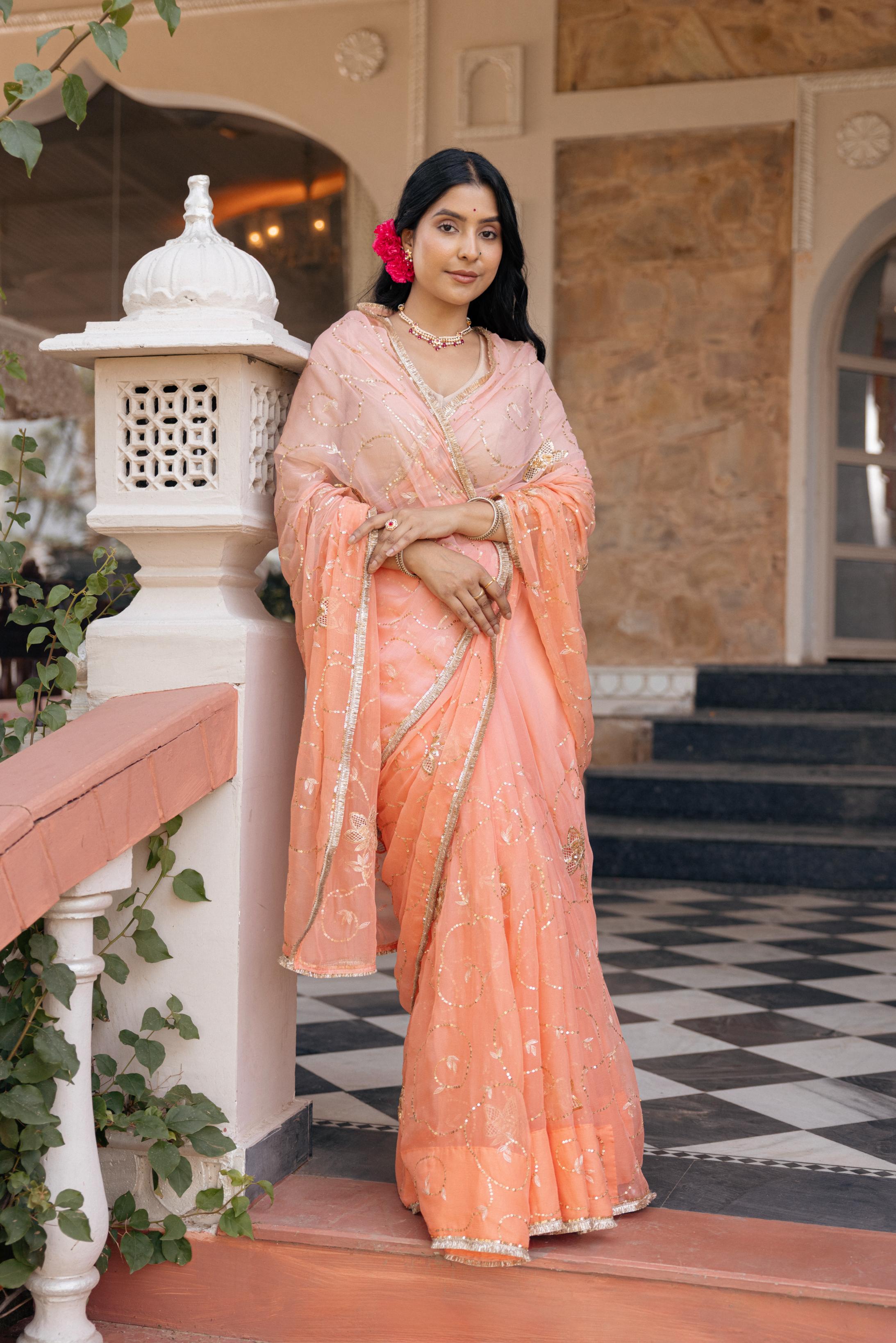Peach Viscose Chiffon Aari Tari Jaal Cutwork Handwork Saree