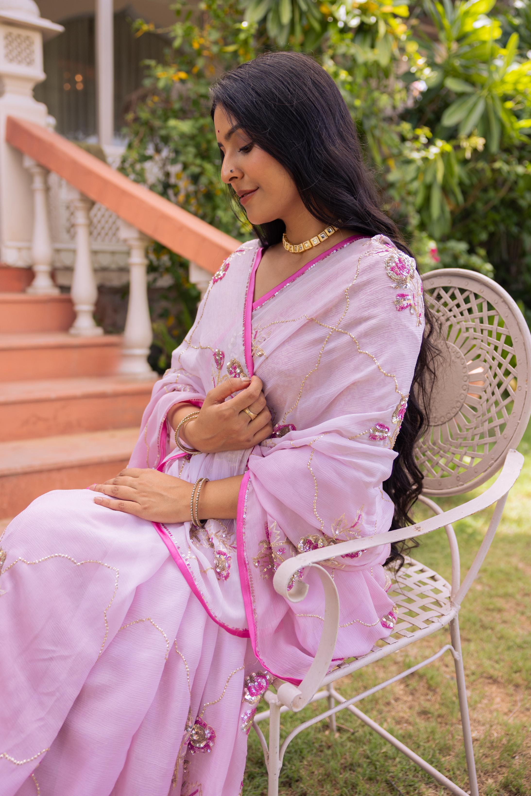 Lavender Pure Chiffon Aari Katori Jaal Handwork Saree