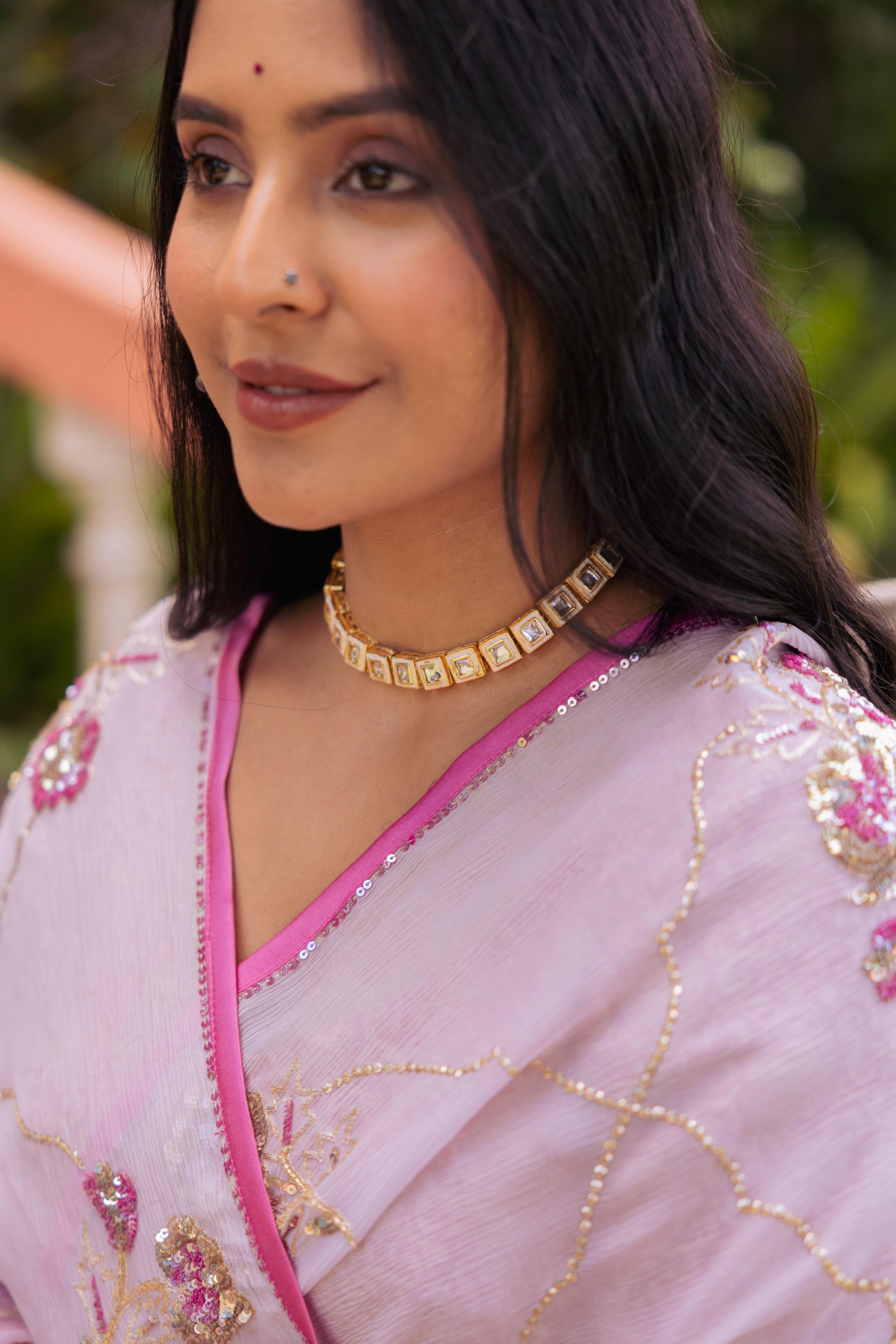 Lavender Pure Chiffon Aari Katori Jaal Handwork Saree