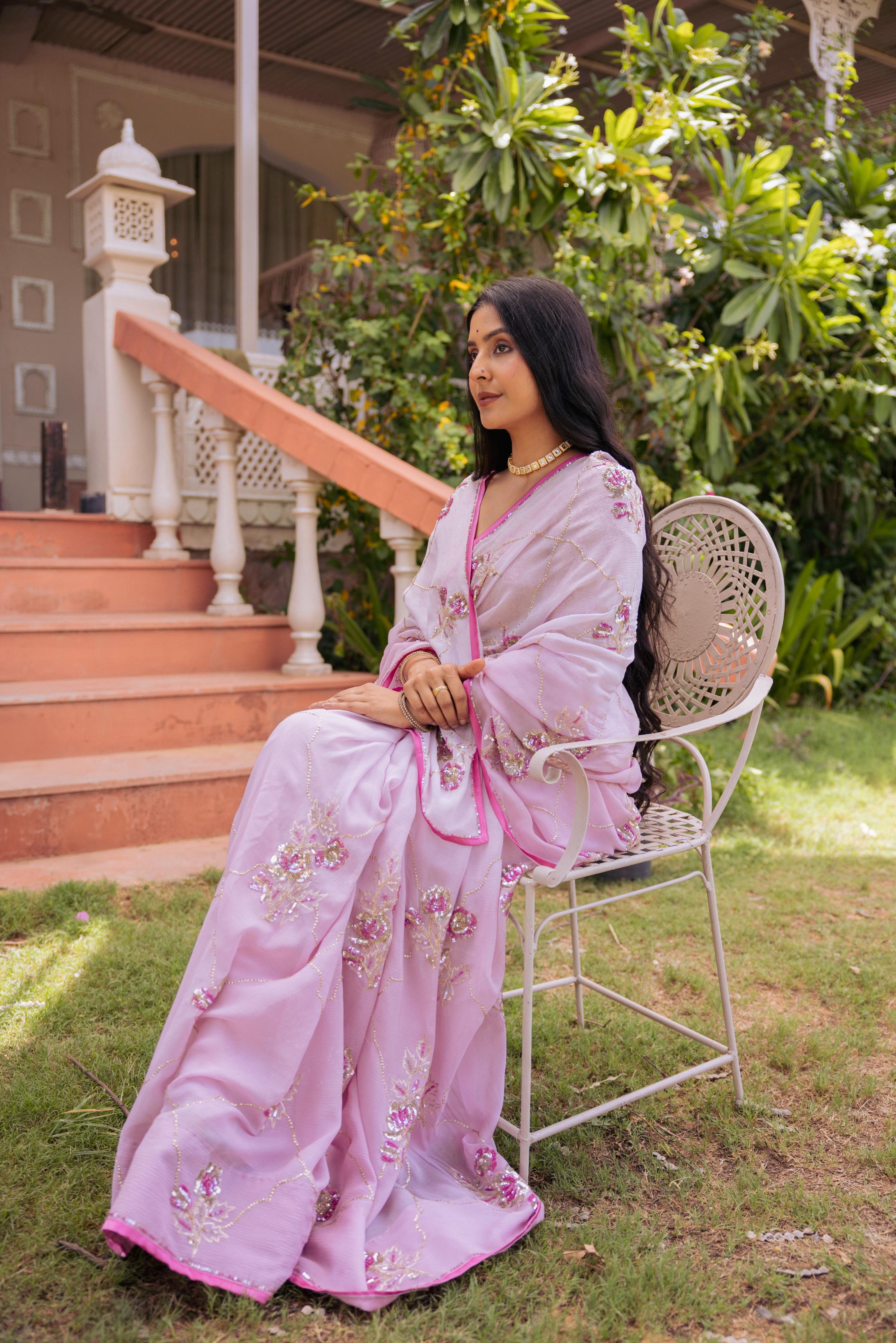 Lavender Pure Chiffon Aari Katori Jaal Handwork Saree