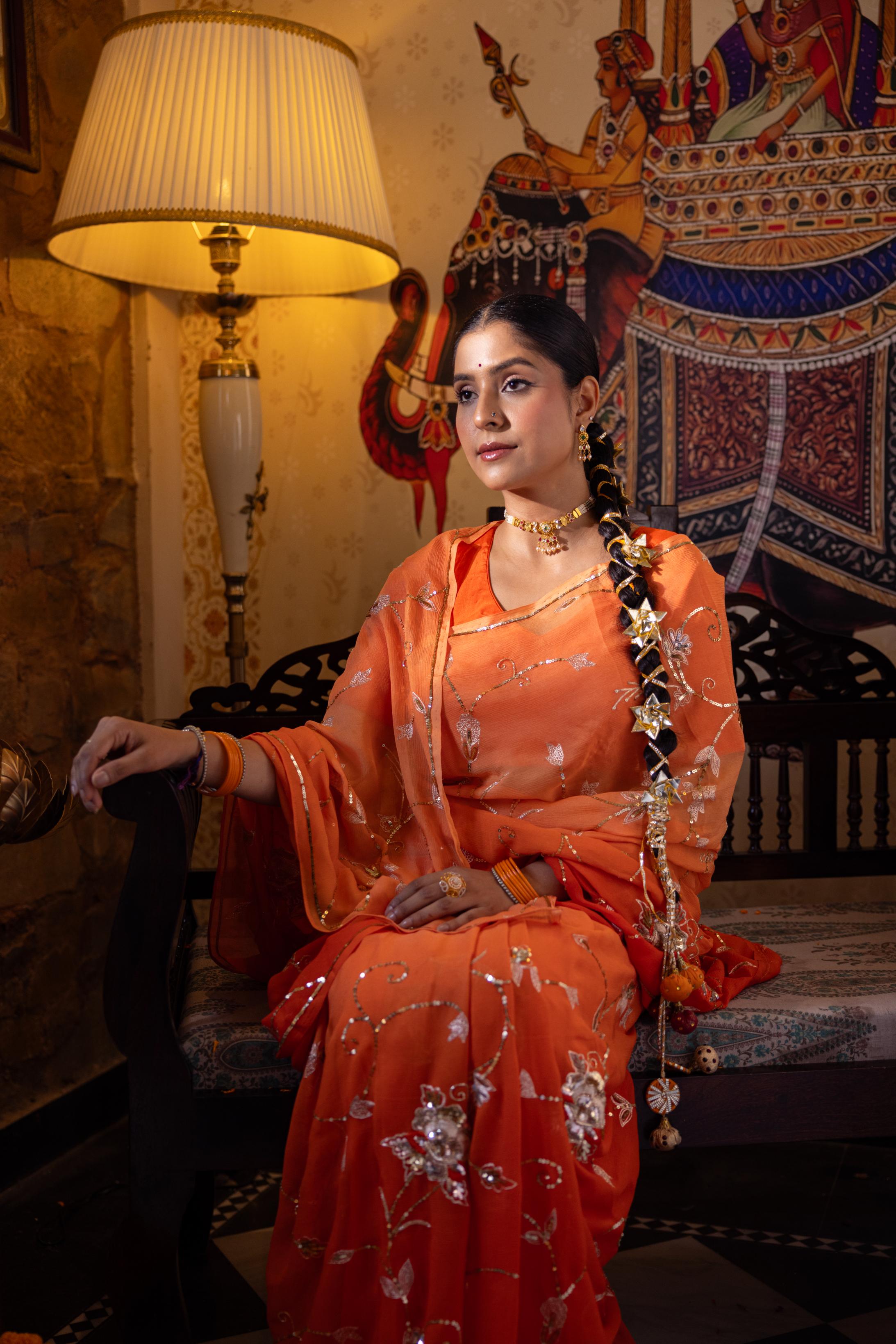 Orange Pure Chiffon Aari Sequins Jaal Handwork Saree