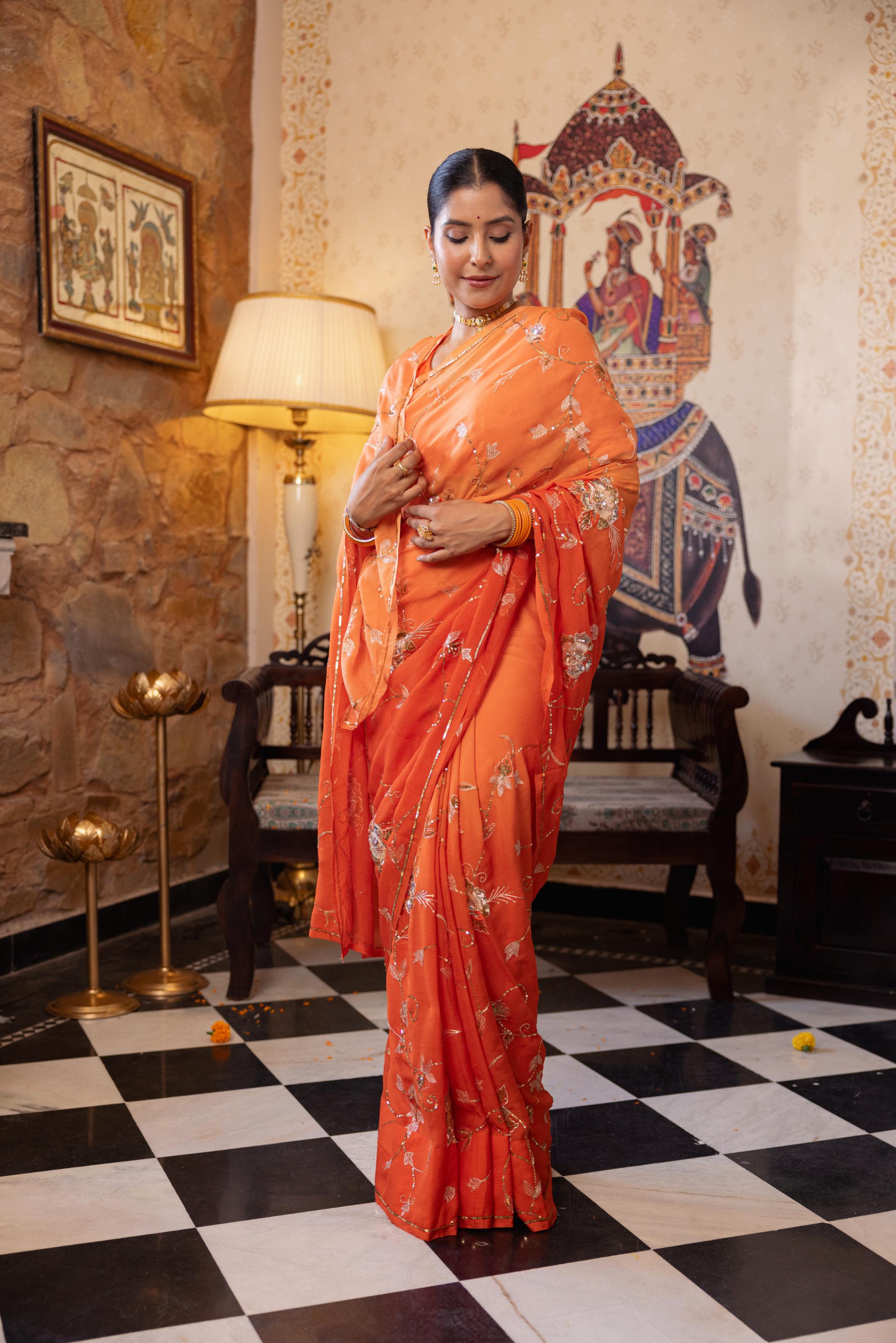 Orange Pure Chiffon Aari Sequins Jaal Handwork Saree