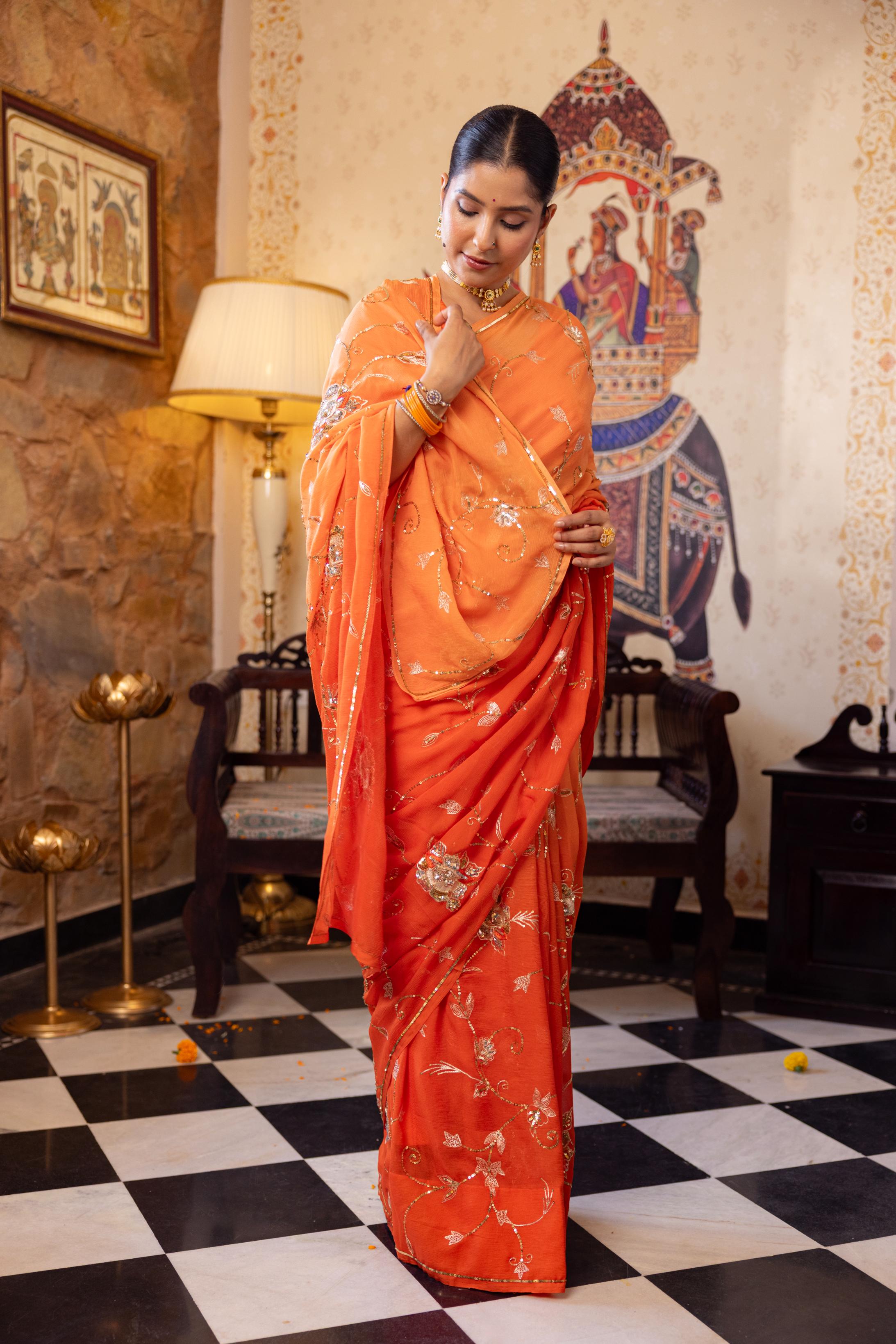 Orange Pure Chiffon Aari Sequins Jaal Handwork Saree