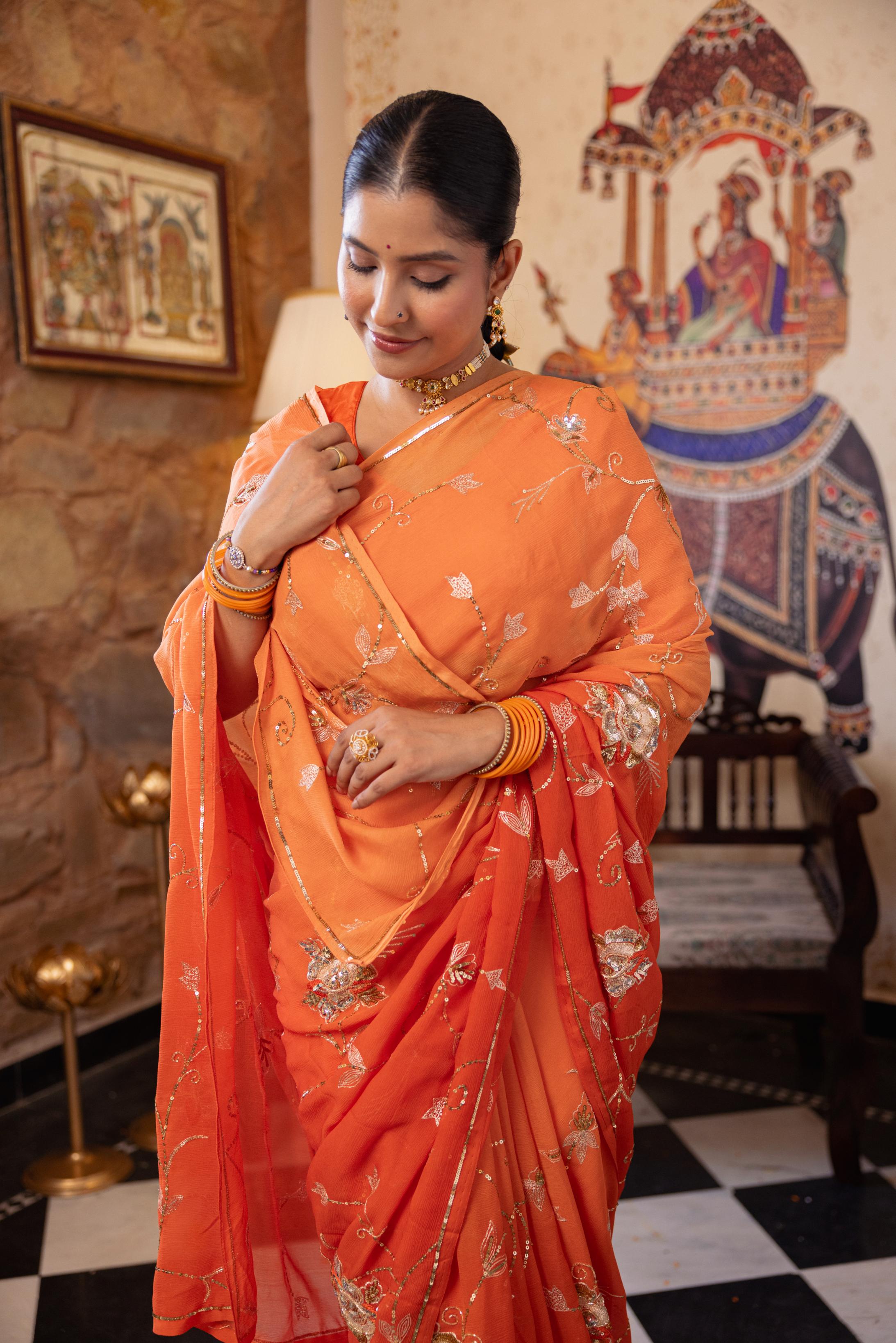 Orange Pure Chiffon Aari Sequins Jaal Handwork Saree