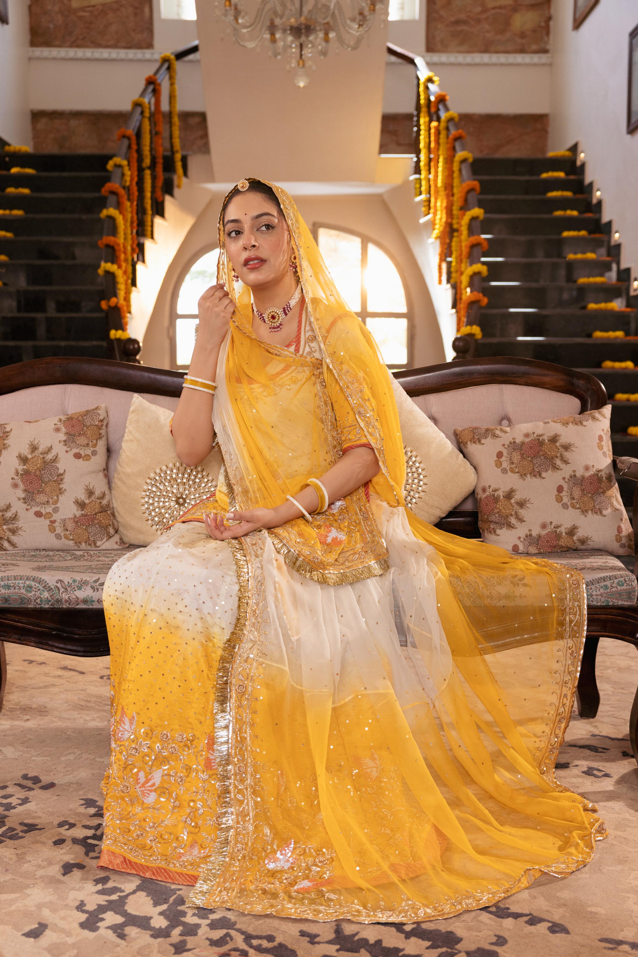 Yellow White Ombre Tissue Zardozi Handwork Poshak (Unstitched)