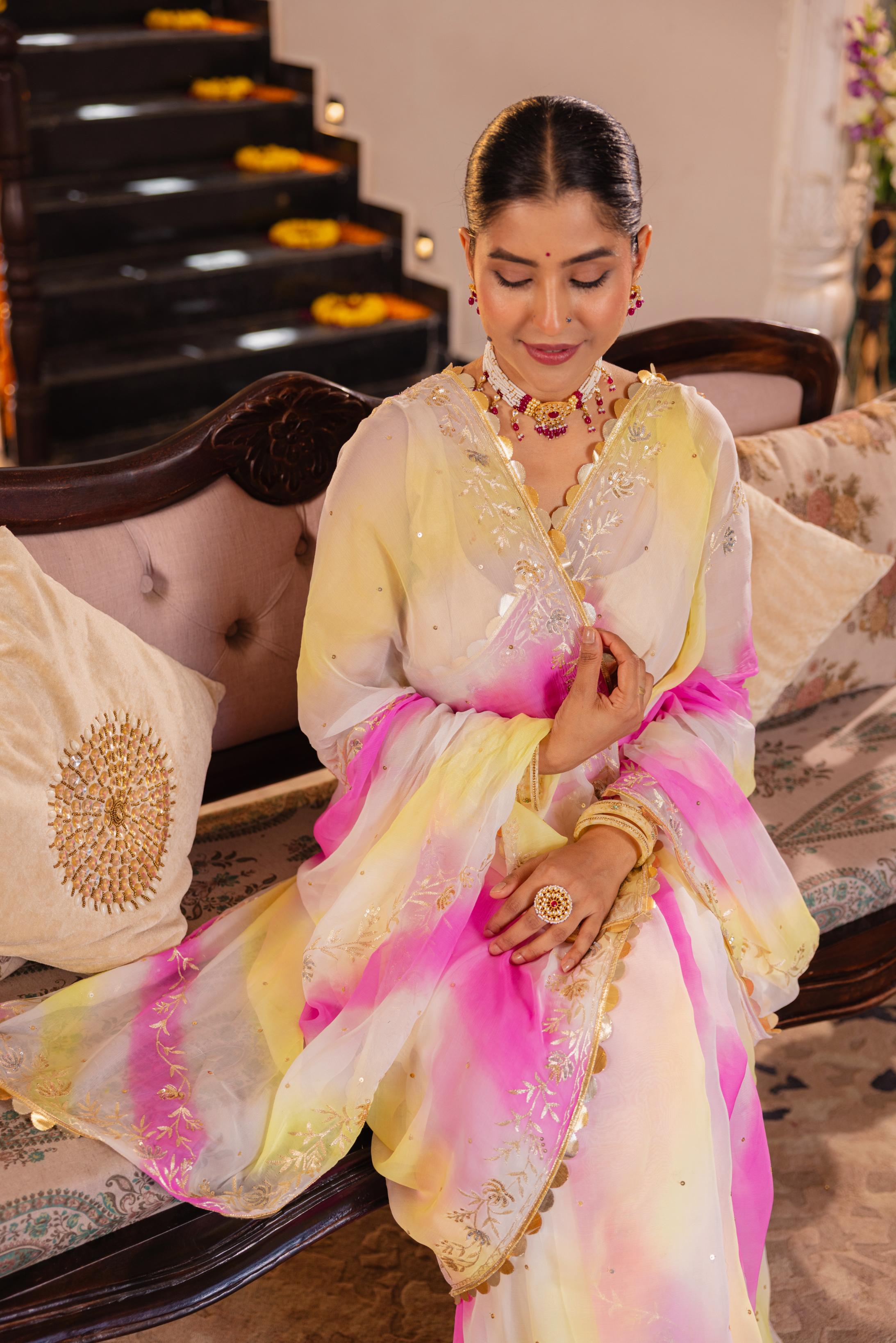 Samundar Leher Pure Chiffon Aari Tari Handwork Saree