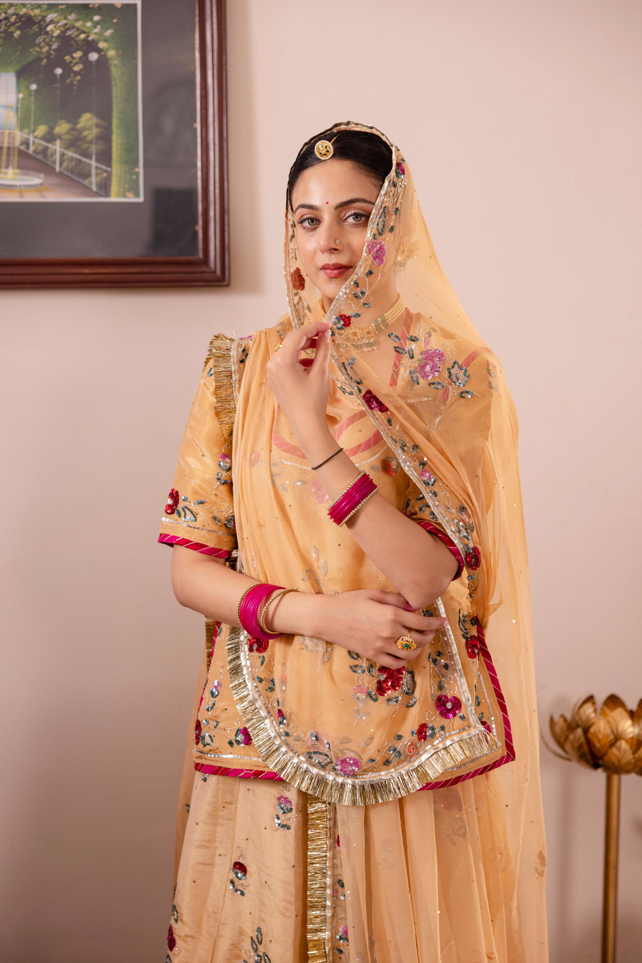 Beige Tissue Sequins Kardana Handwork Poshak (Unstitched)