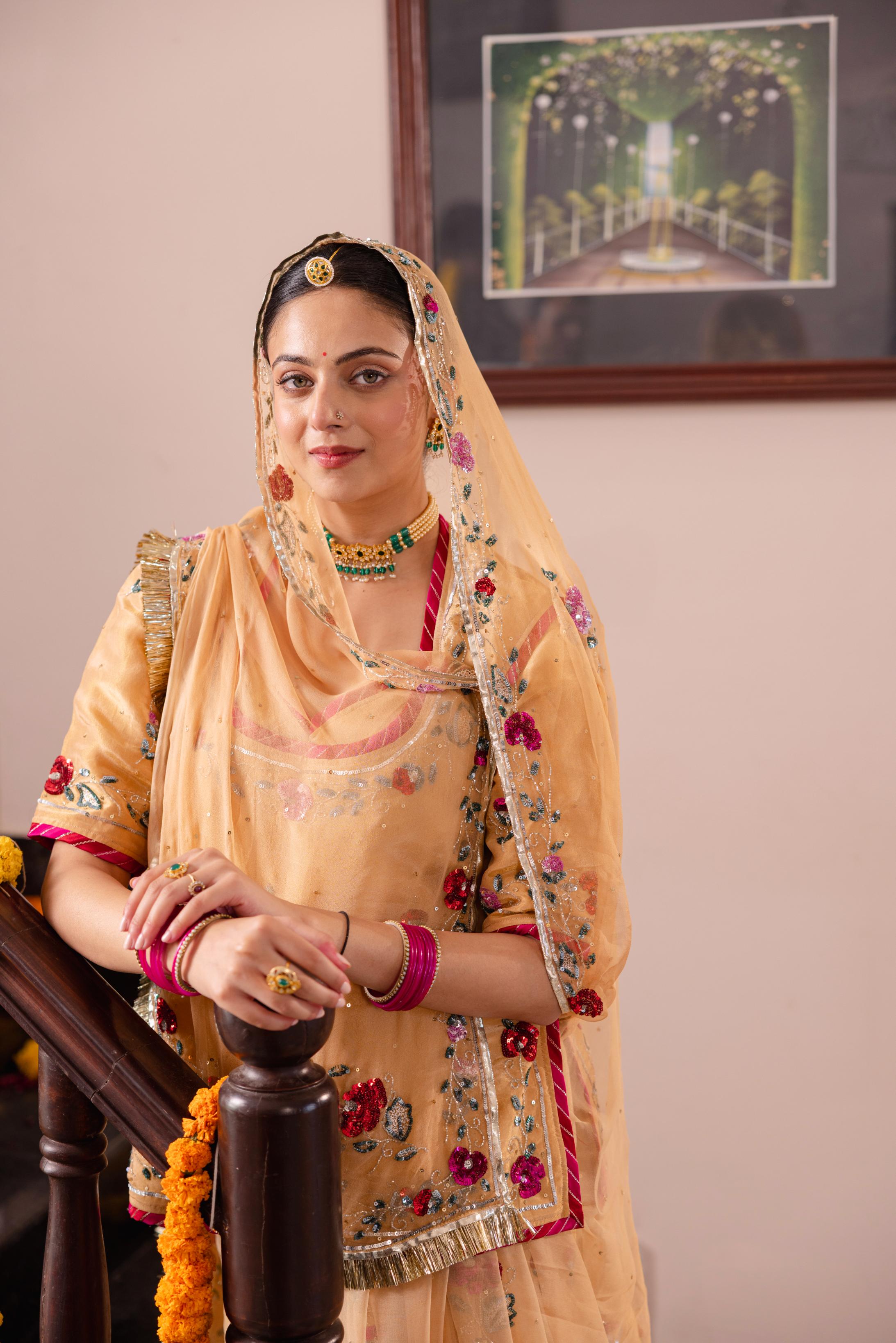 Beige Tissue Sequins Kardana Handwork Poshak (Unstitched)