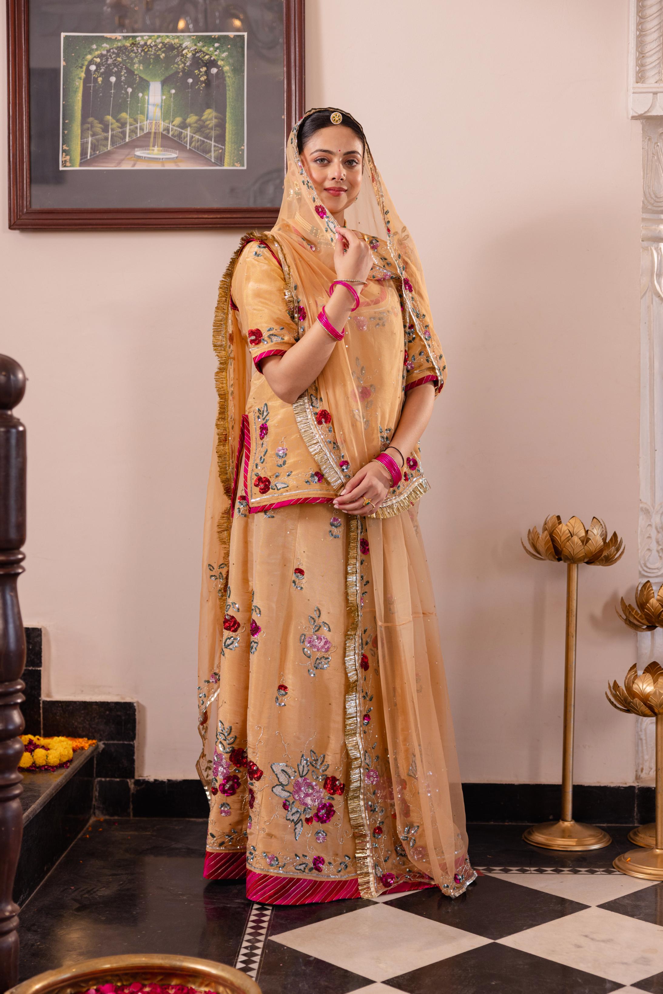 Beige Tissue Sequins Kardana Handwork Poshak (Unstitched)