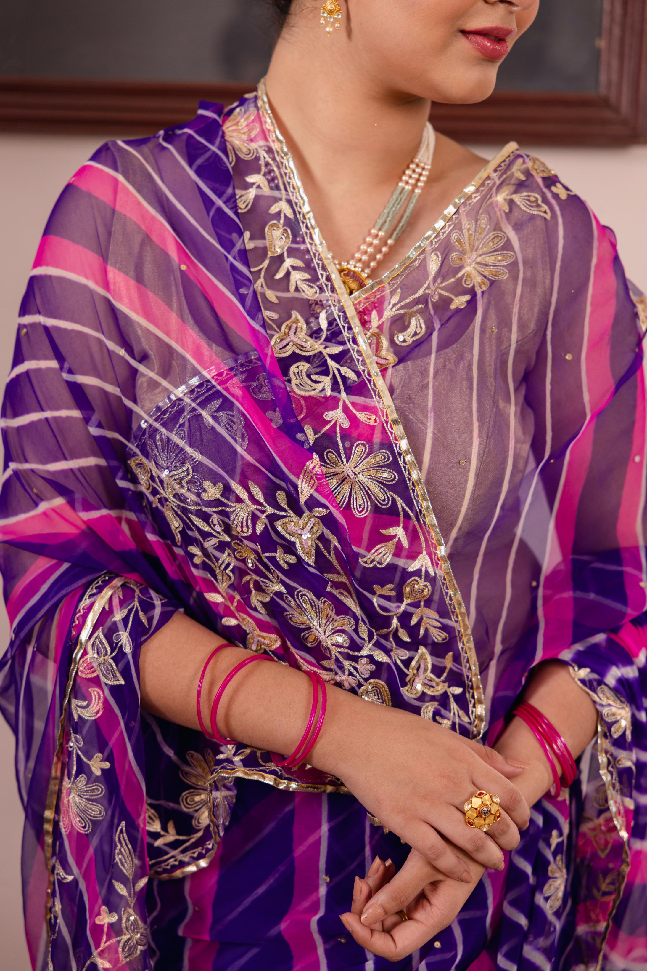 Purple Rani Leheriya 20 grms Pure Georgette Aari Tari Handwork Saree