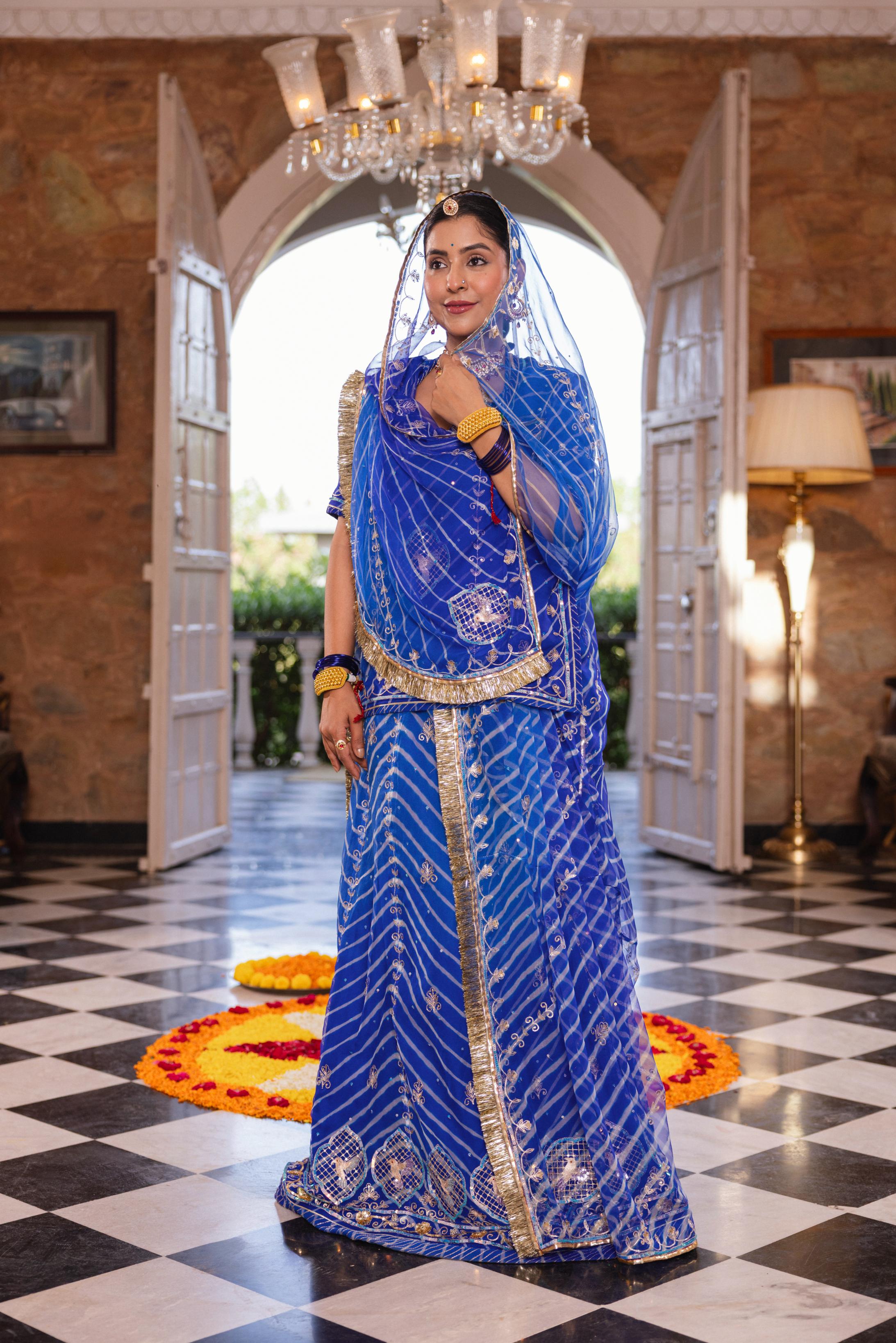 Royal Blue 20 grms Pure Georgette AAri Sequins Cutwork Handwork Poshak (Unstitched)