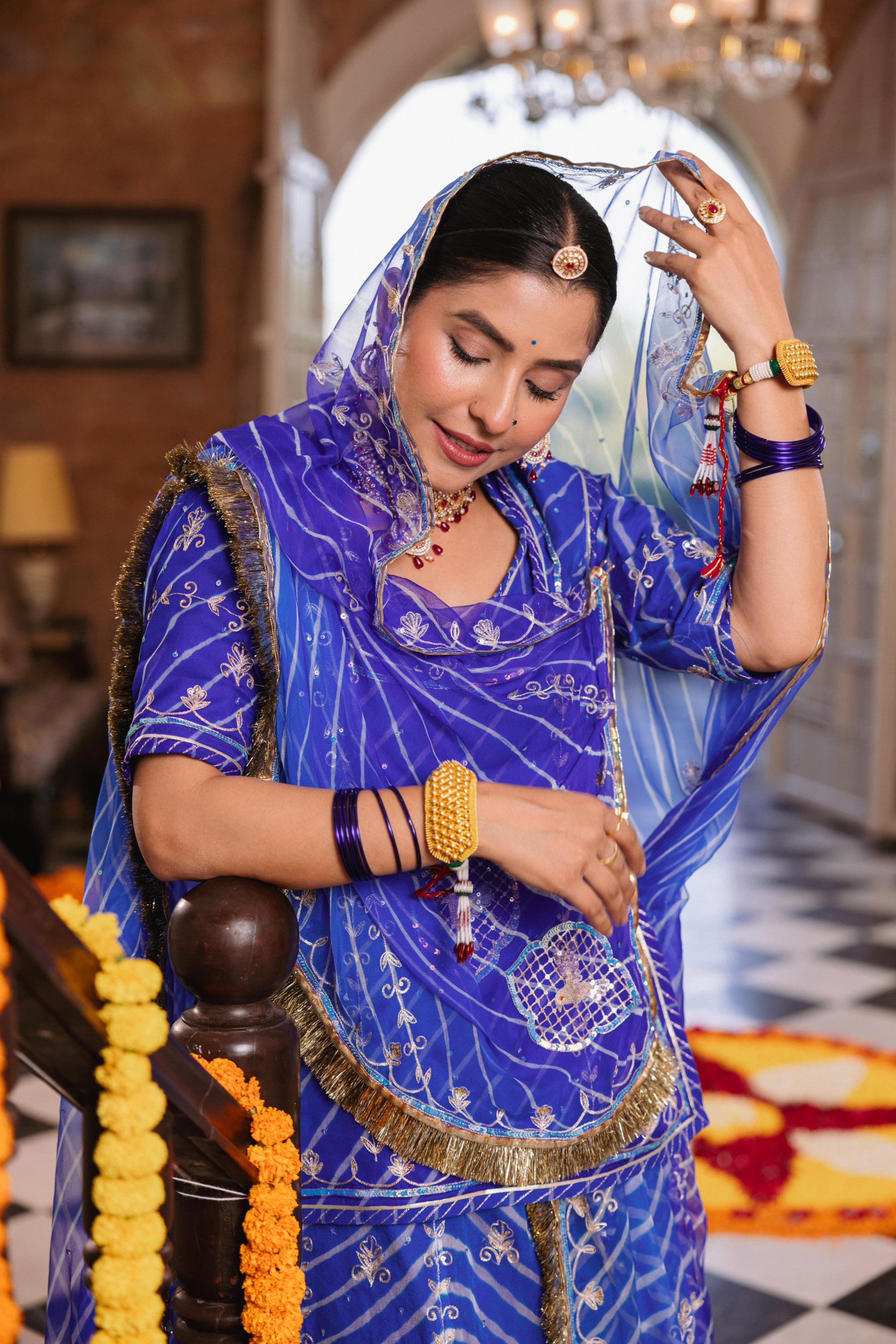 Royal Blue 20 grms Pure Georgette AAri Sequins Cutwork Handwork Poshak (Unstitched)