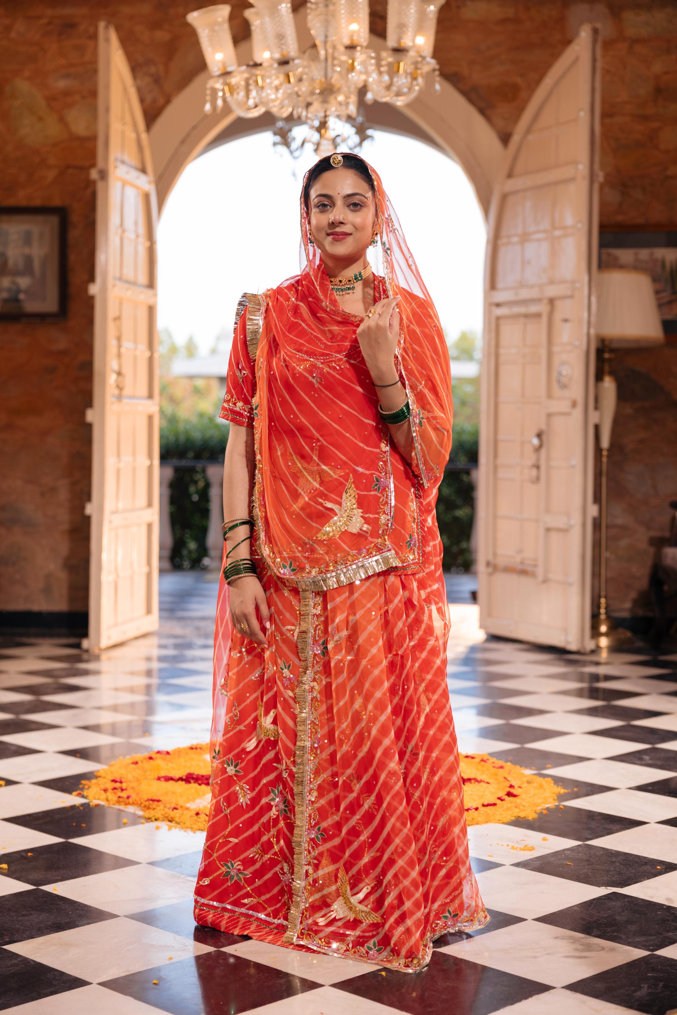 Orange 20 grms Pure Georgette Aari Sequins Resham Handwork Poshak (Unstitched)