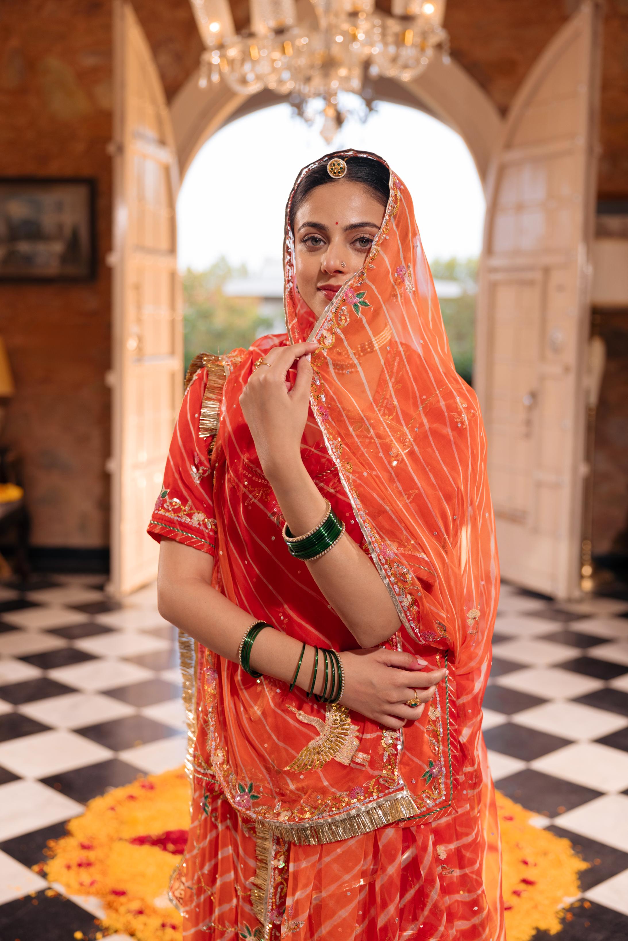 Orange 20 grms Pure Georgette Aari Sequins Resham Handwork Poshak (Unstitched)
