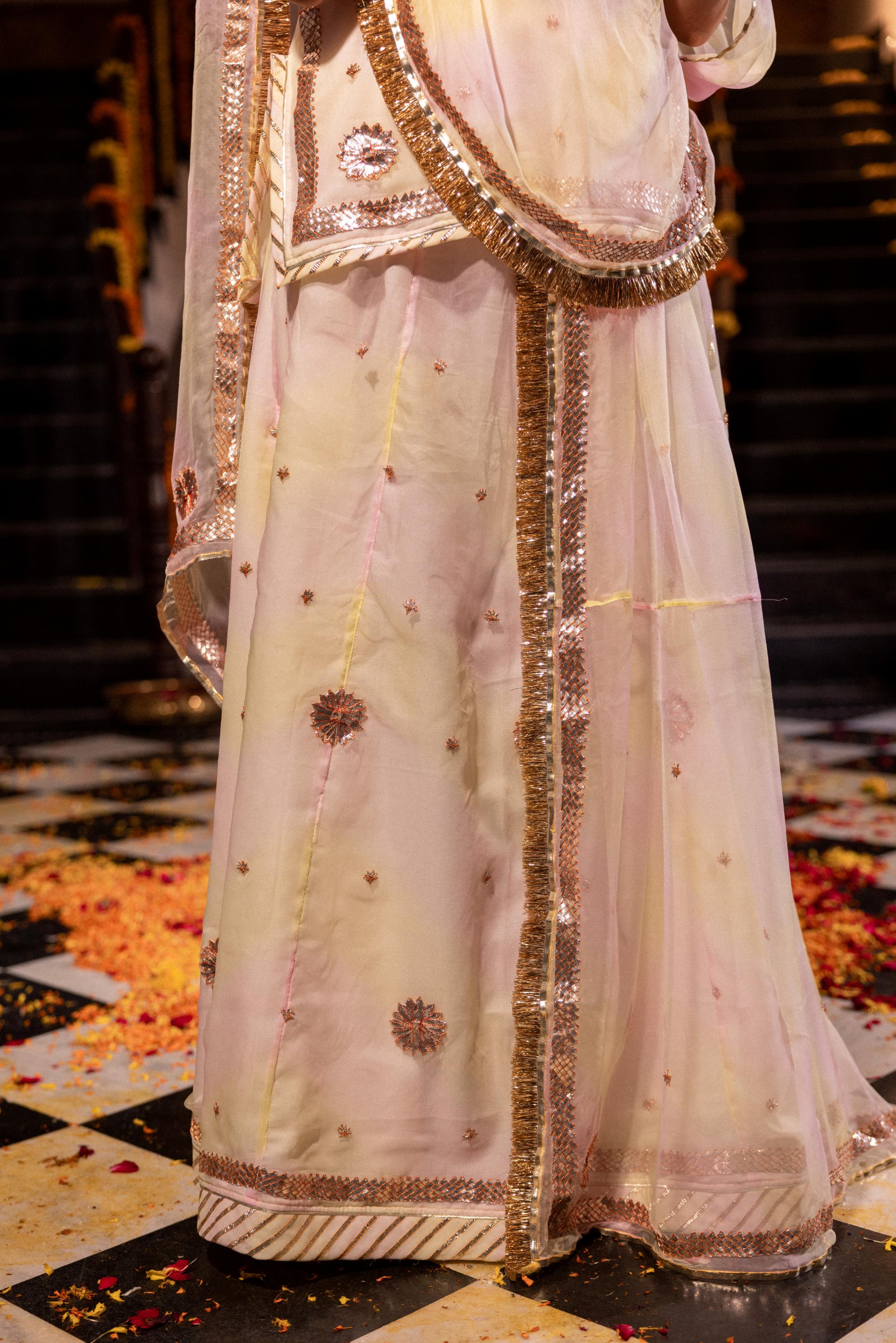 Samundar Leher 20 grms Pure Georgette Copper Laffi Champa Ginni Phool Handwork Poshak (Unstitched)