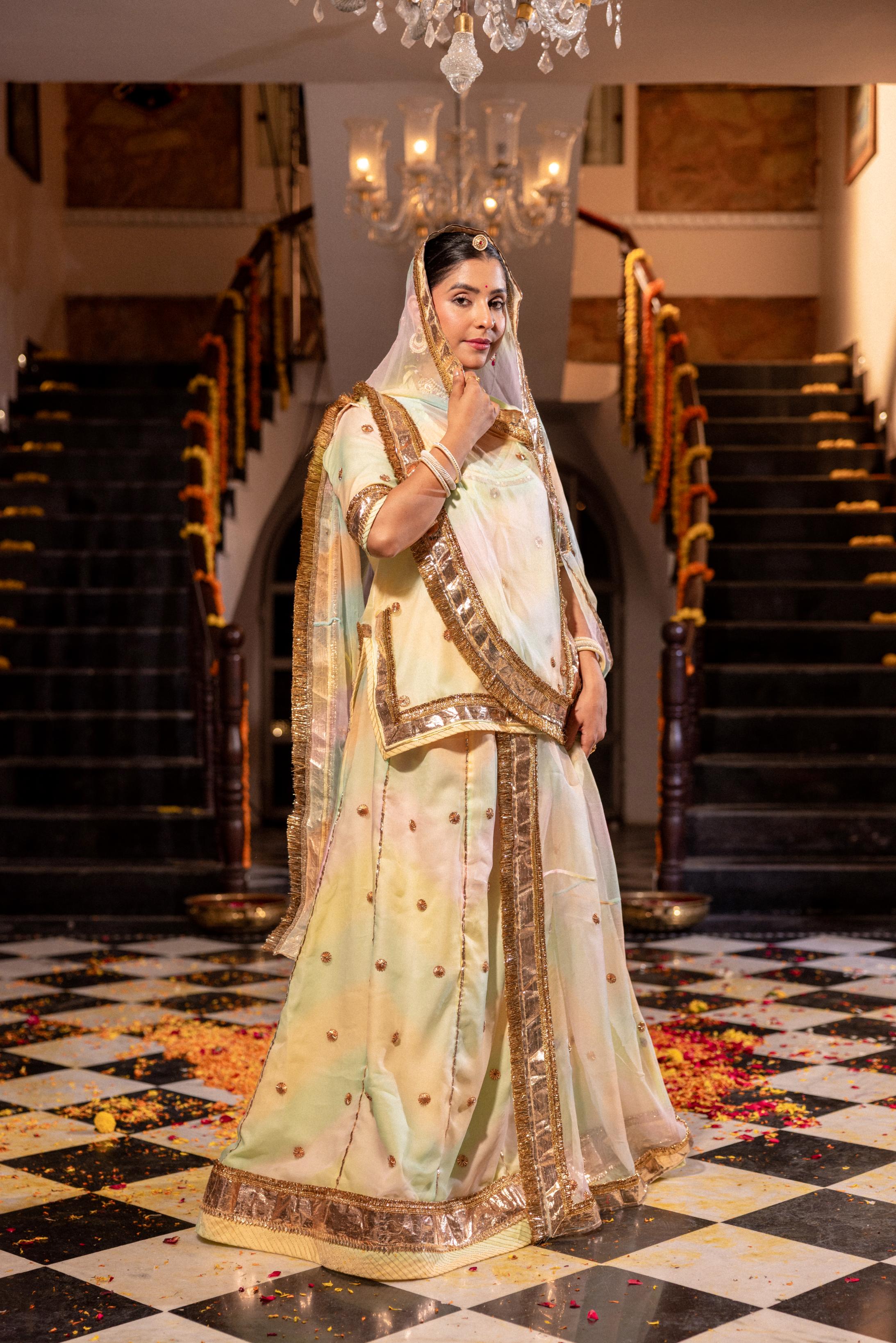 Samundar Leher 21 grms Pure Georgette Copper Laffi Dhora Ginni Phool Handwork Poshak (Unstitched)