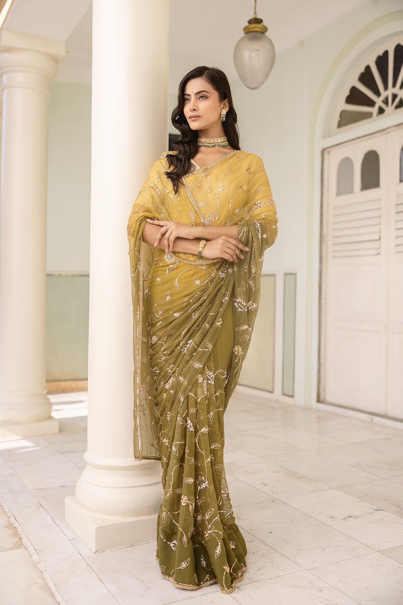 Mehandi Green Viscose Chiffon Aari Sequins Handwork Saree