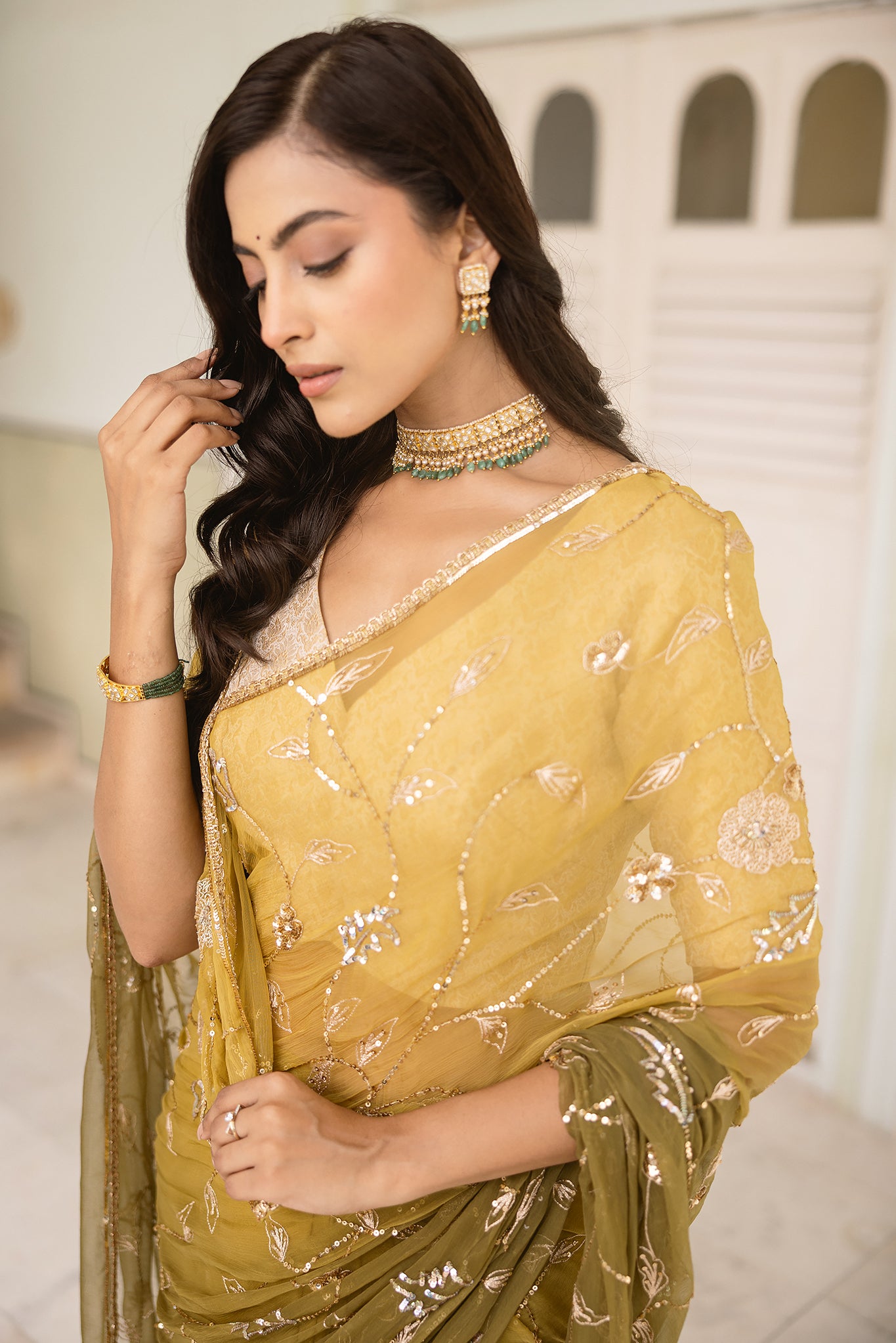 Mehandi Green Viscose Chiffon Aari Sequins Handwork Saree