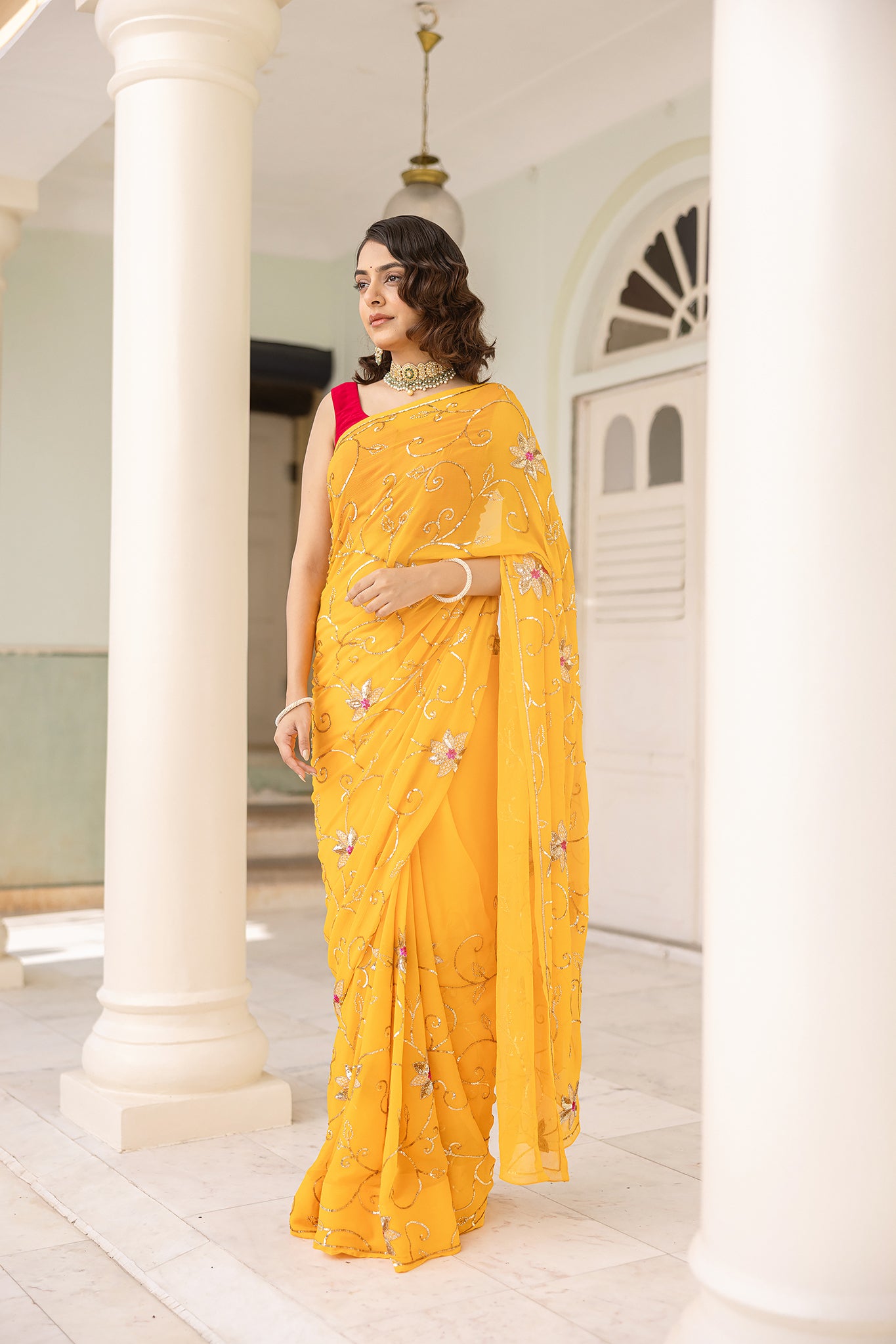 Yellow Kesariya Pure Chiffon Aari Sequins Handwork Saree