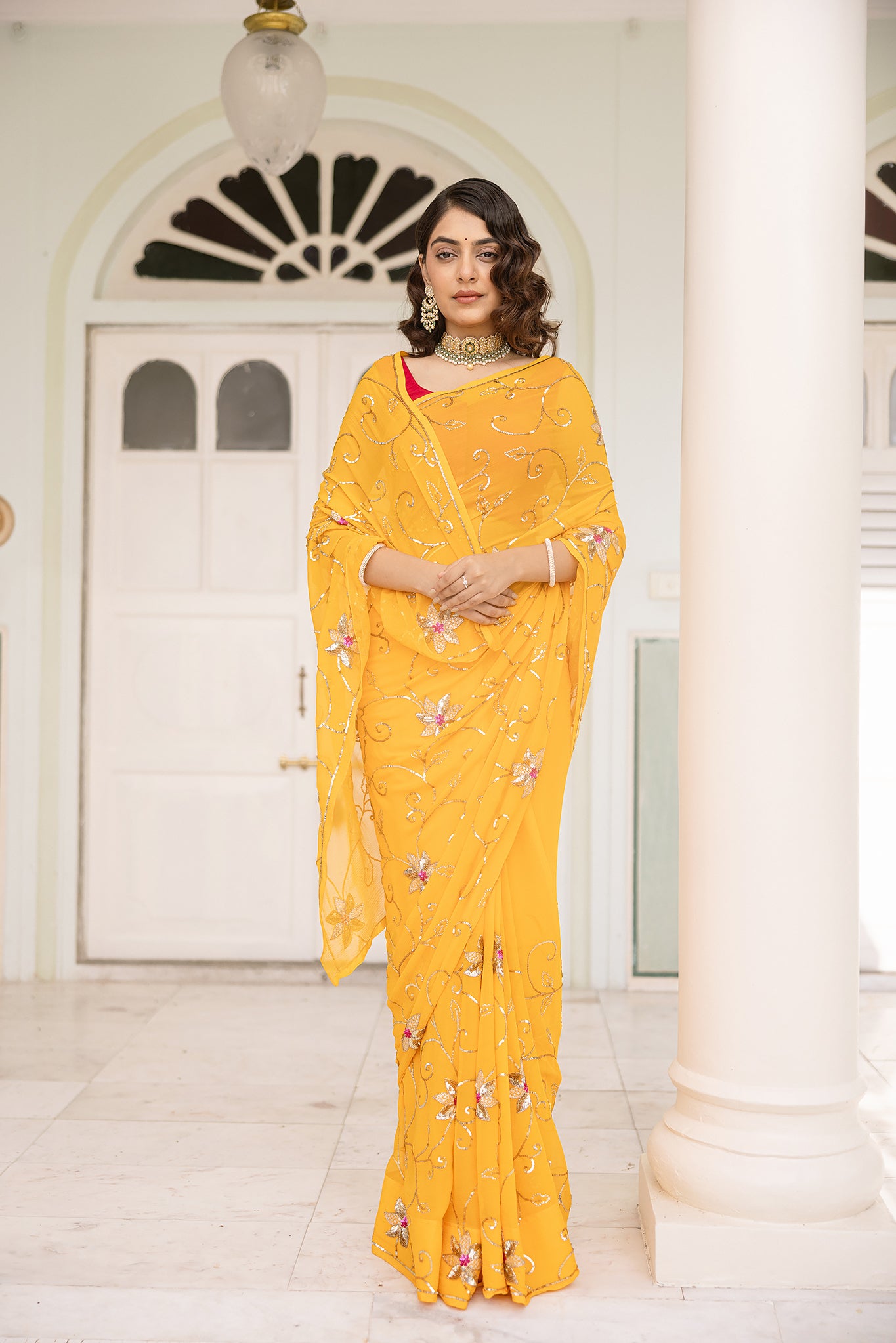 Yellow Kesariya Pure Chiffon Aari Sequins Handwork Saree