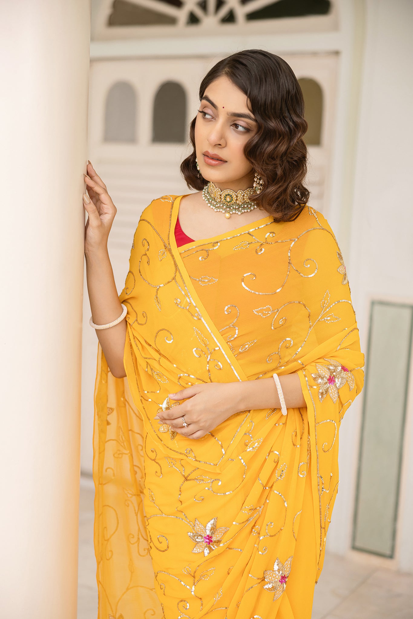 Yellow Kesariya Pure Chiffon Aari Sequins Handwork Saree