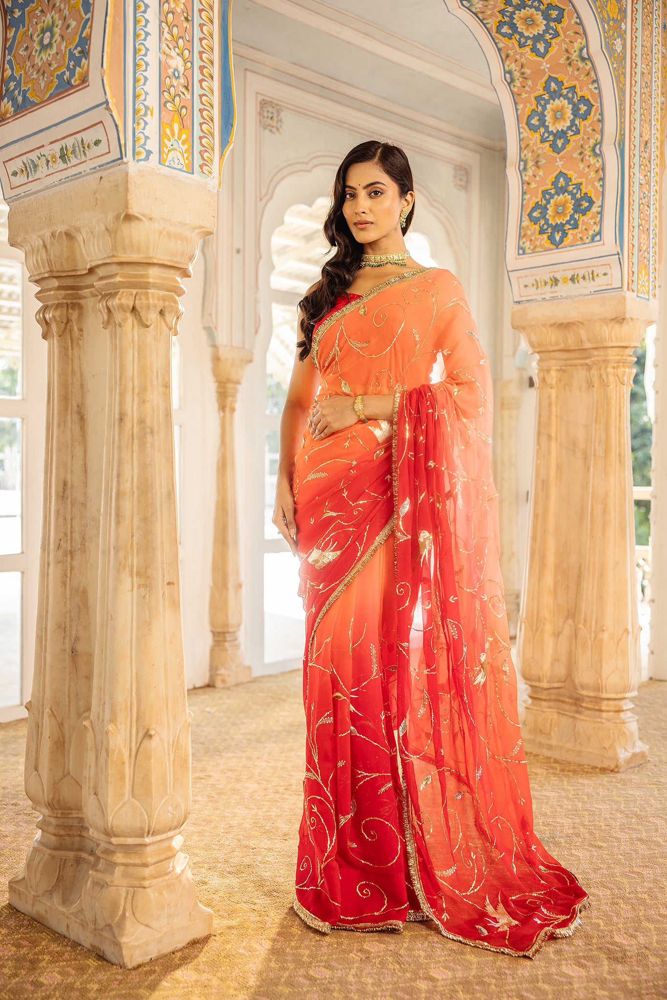 Red Orange Shaded Pure Chiffon Aari Sequins Jaal Handwork Saree