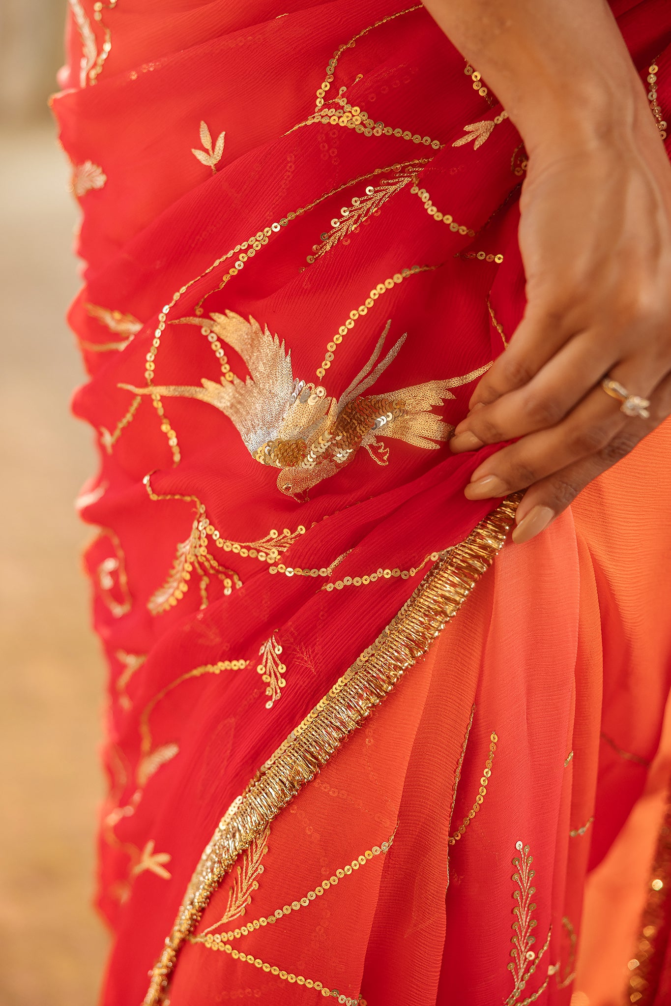 Red Orange Shaded Pure Chiffon Aari Sequins Jaal Handwork Saree
