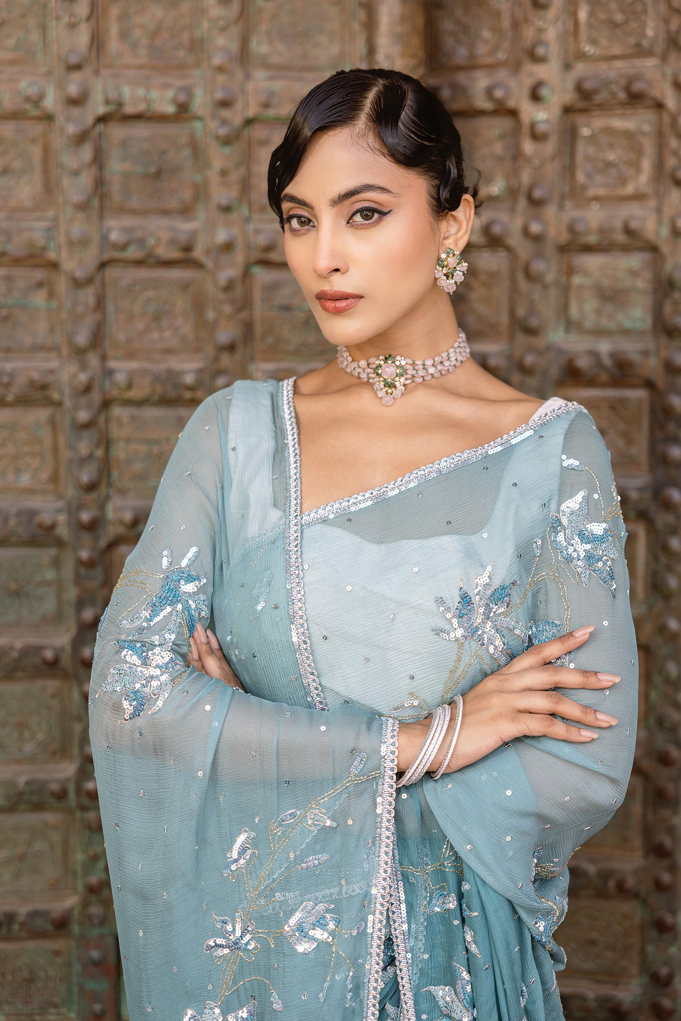 Blue Turquoise Pure Chiffon Aari Sequins Kardana work Handwork Saree