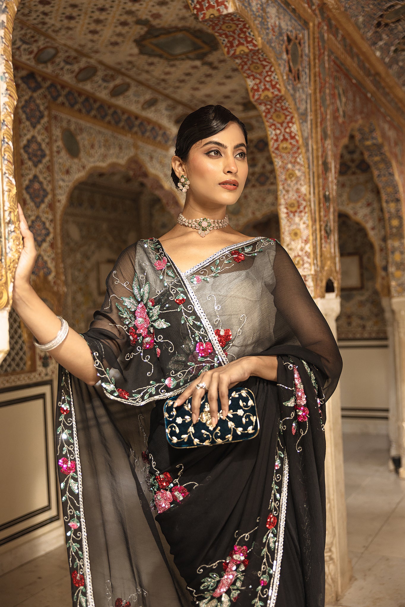 Black Pure Chiffon Sequins Kardana Handwork Saree