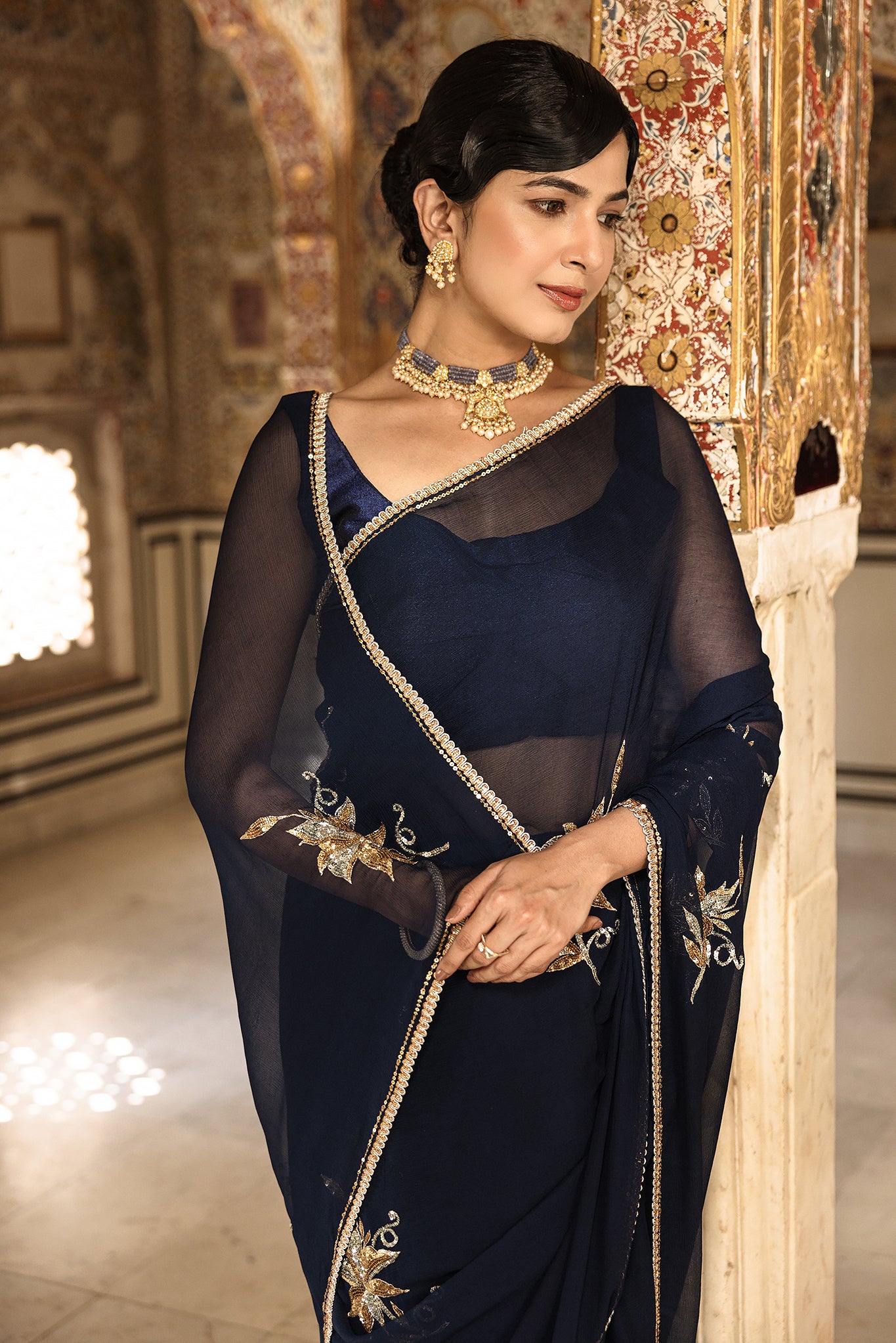Navy Blue Pure Chiffon Aari Sequins Handwork Saree