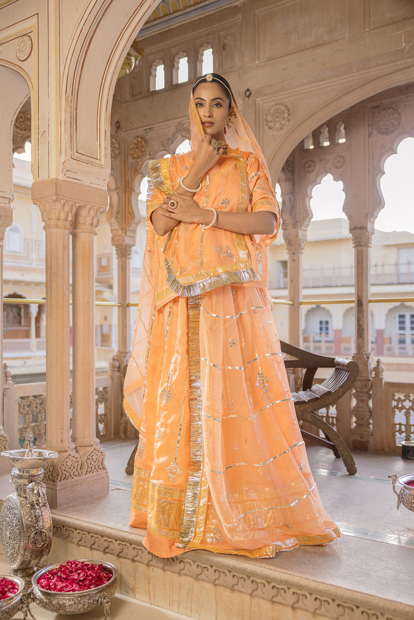 Peach Bamber Satin Laffa Patti work Handwork Poshak