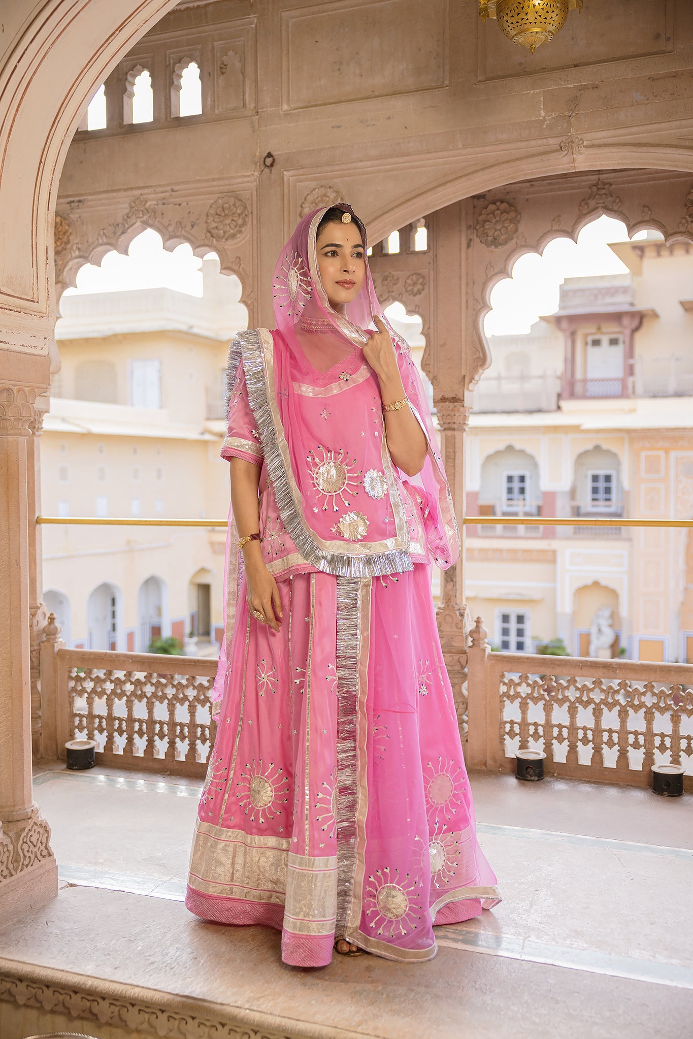 Pink Bamber Satin Laffi Laffa work Handwork Poshak