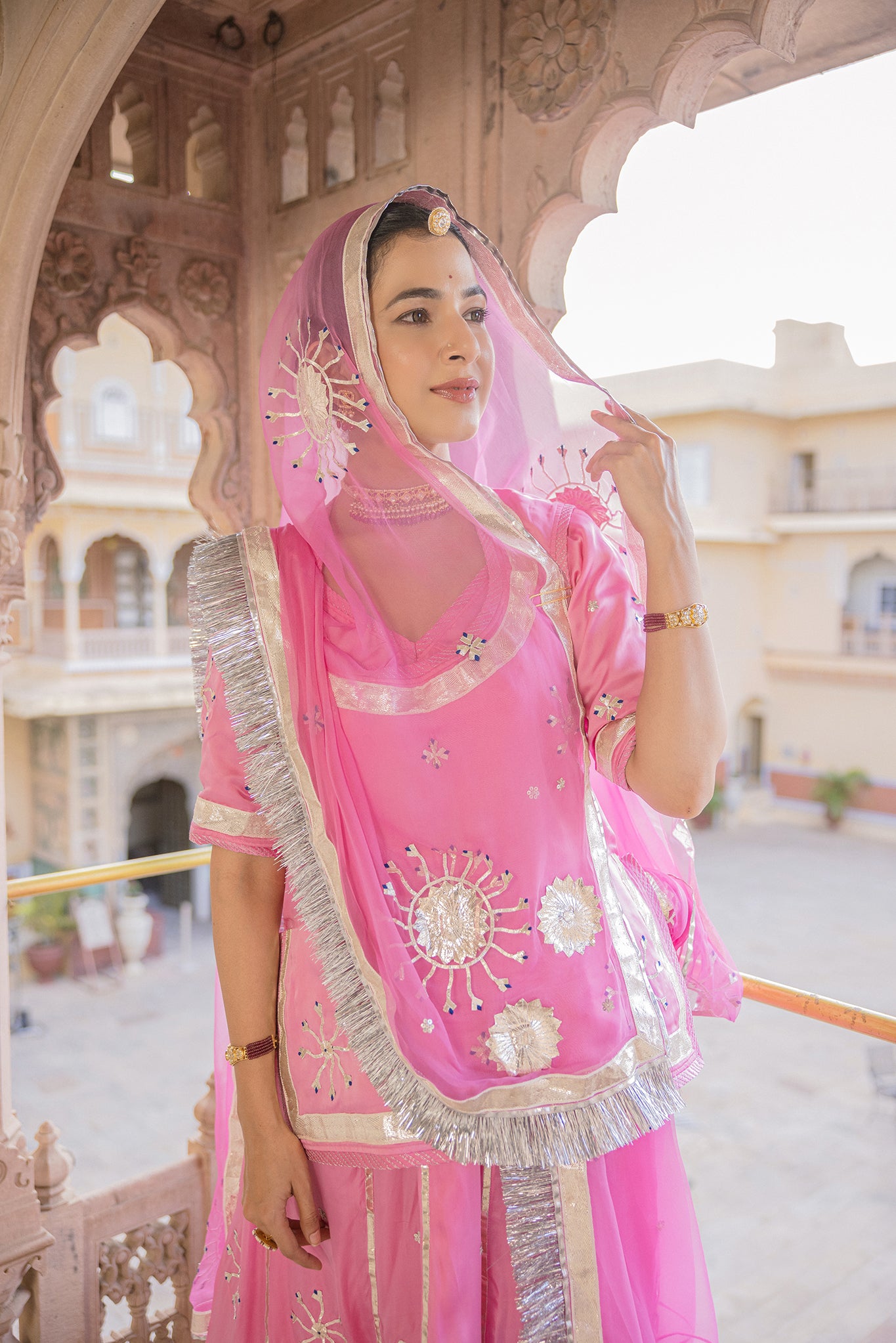 Pink Bamber Satin Laffi Laffa work Handwork Poshak