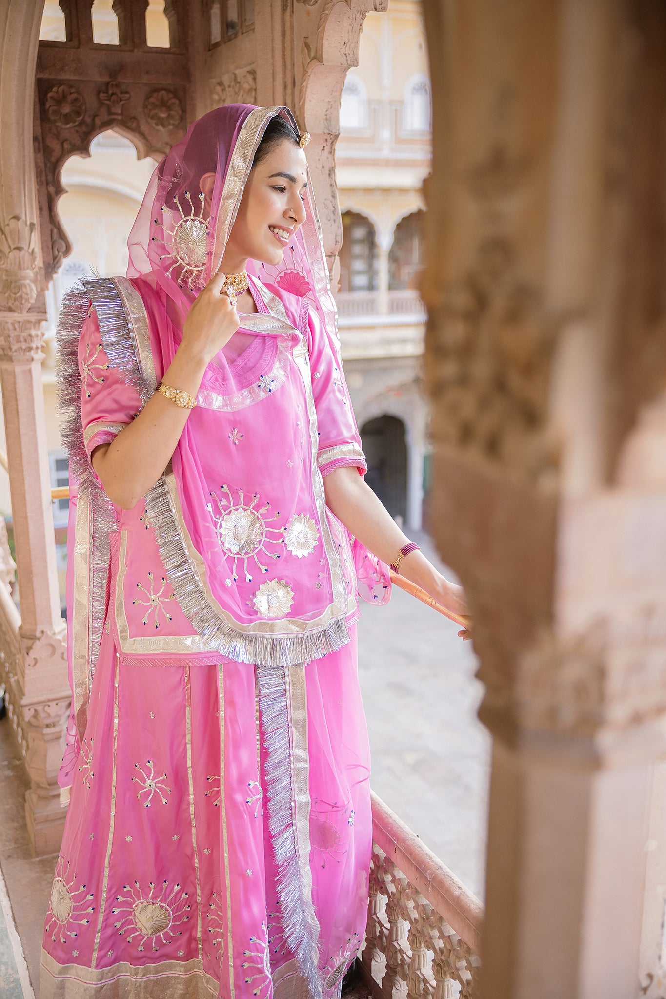 Pink Bamber Satin Laffi Laffa work Handwork Poshak