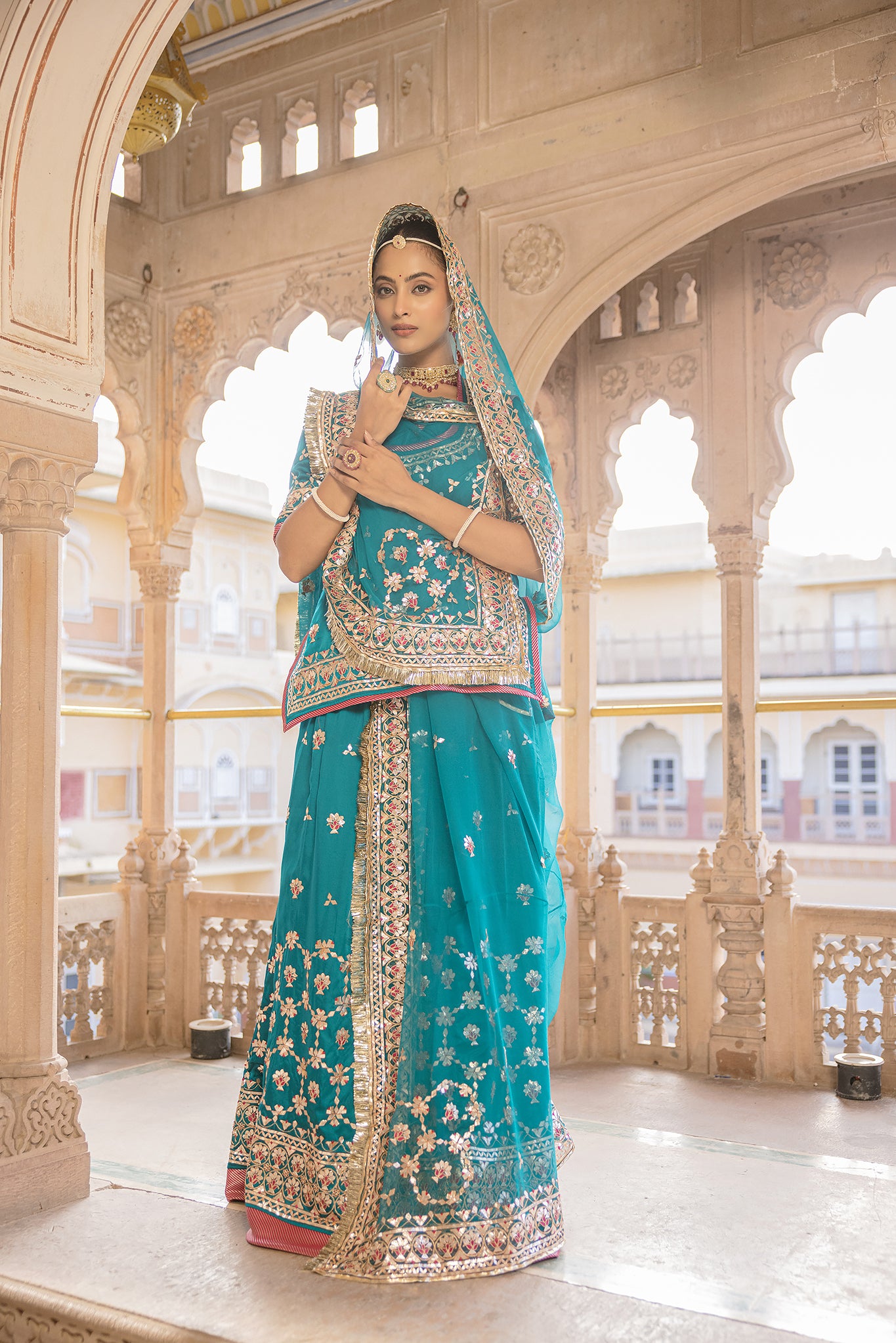 Rama Green Bamber Satin Gotta Patti Mudi work Handwork Poshak (Unstitched)