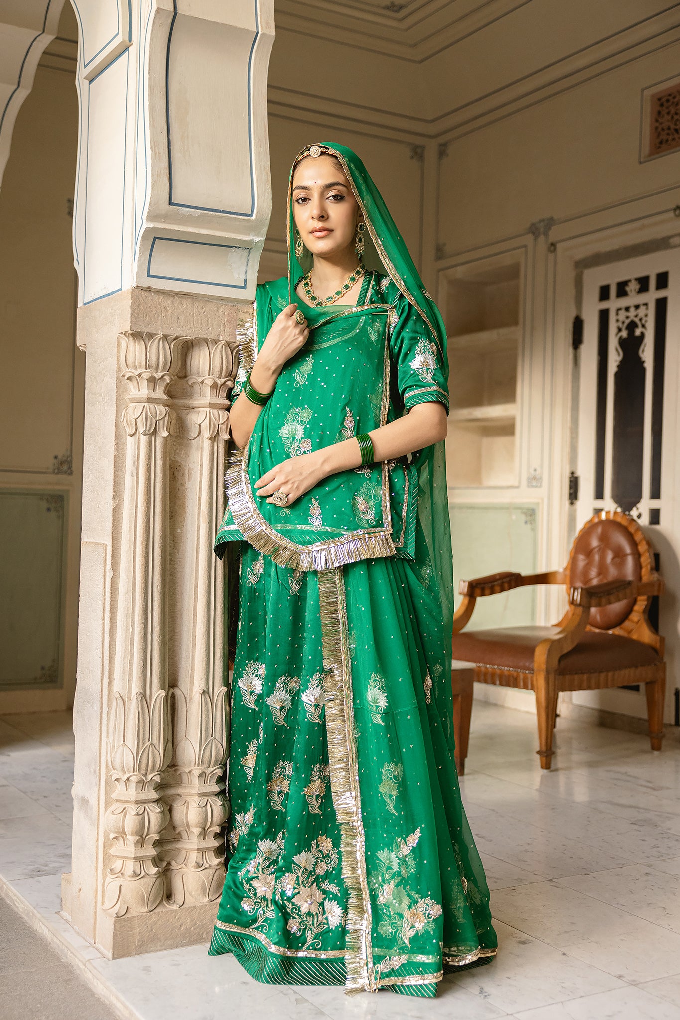 Bottle Green Bamber Satin Aari Sequins Butta work Handwork Poshak (Unstitched)