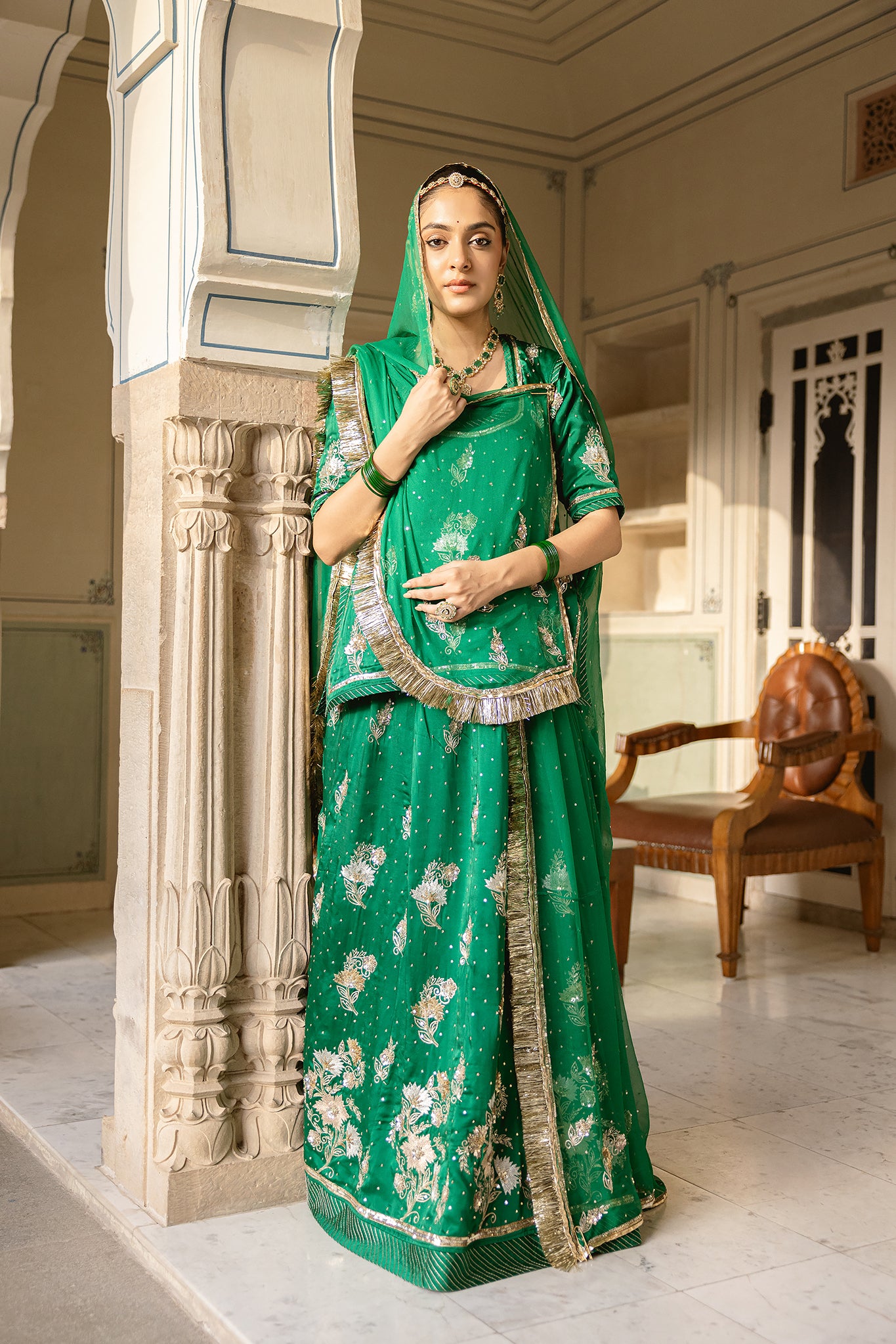 Bottle Green Bamber Satin Aari Sequins Butta work Handwork Poshak (Unstitched)