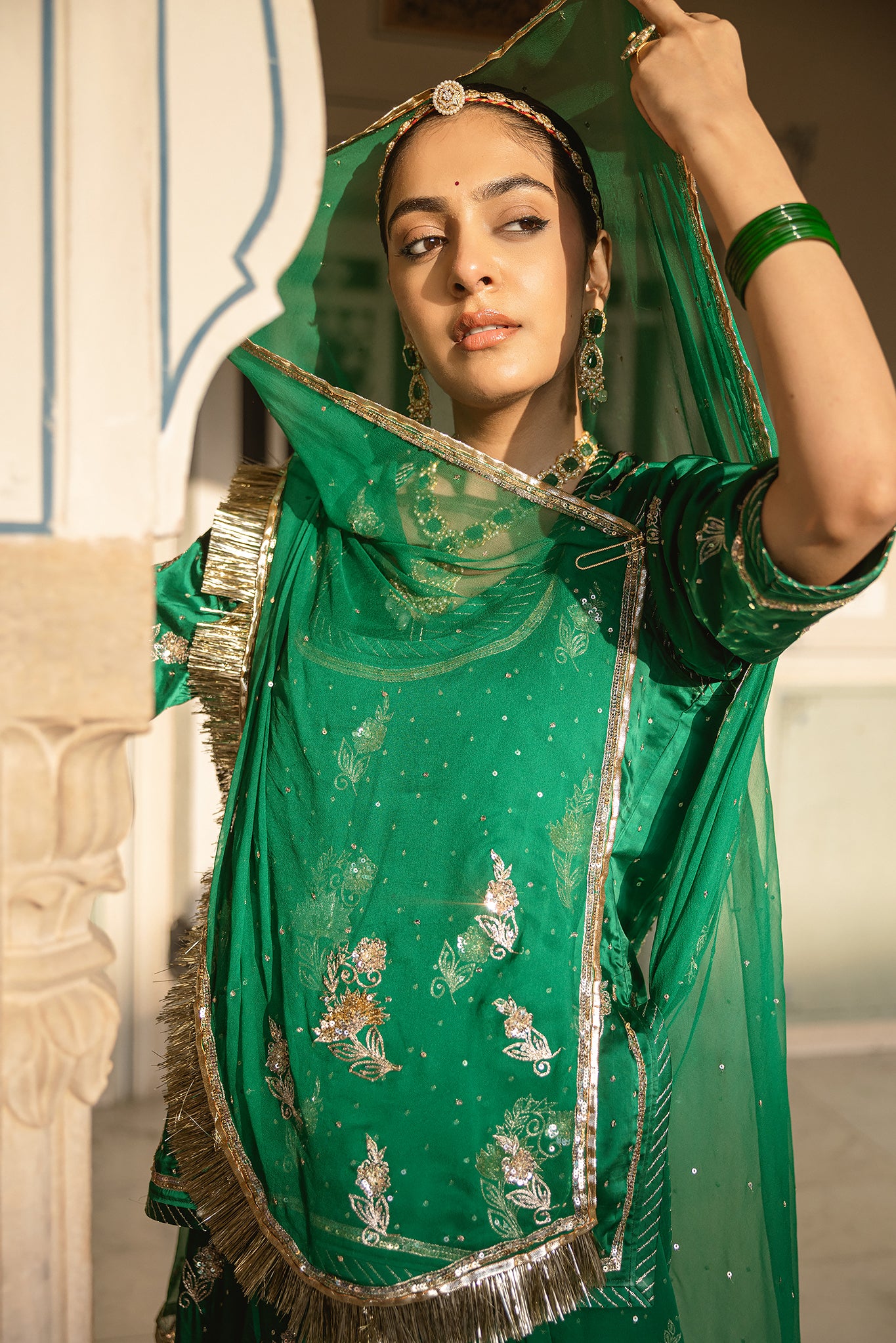 Bottle Green Bamber Satin Aari Sequins Butta work Handwork Poshak (Unstitched)