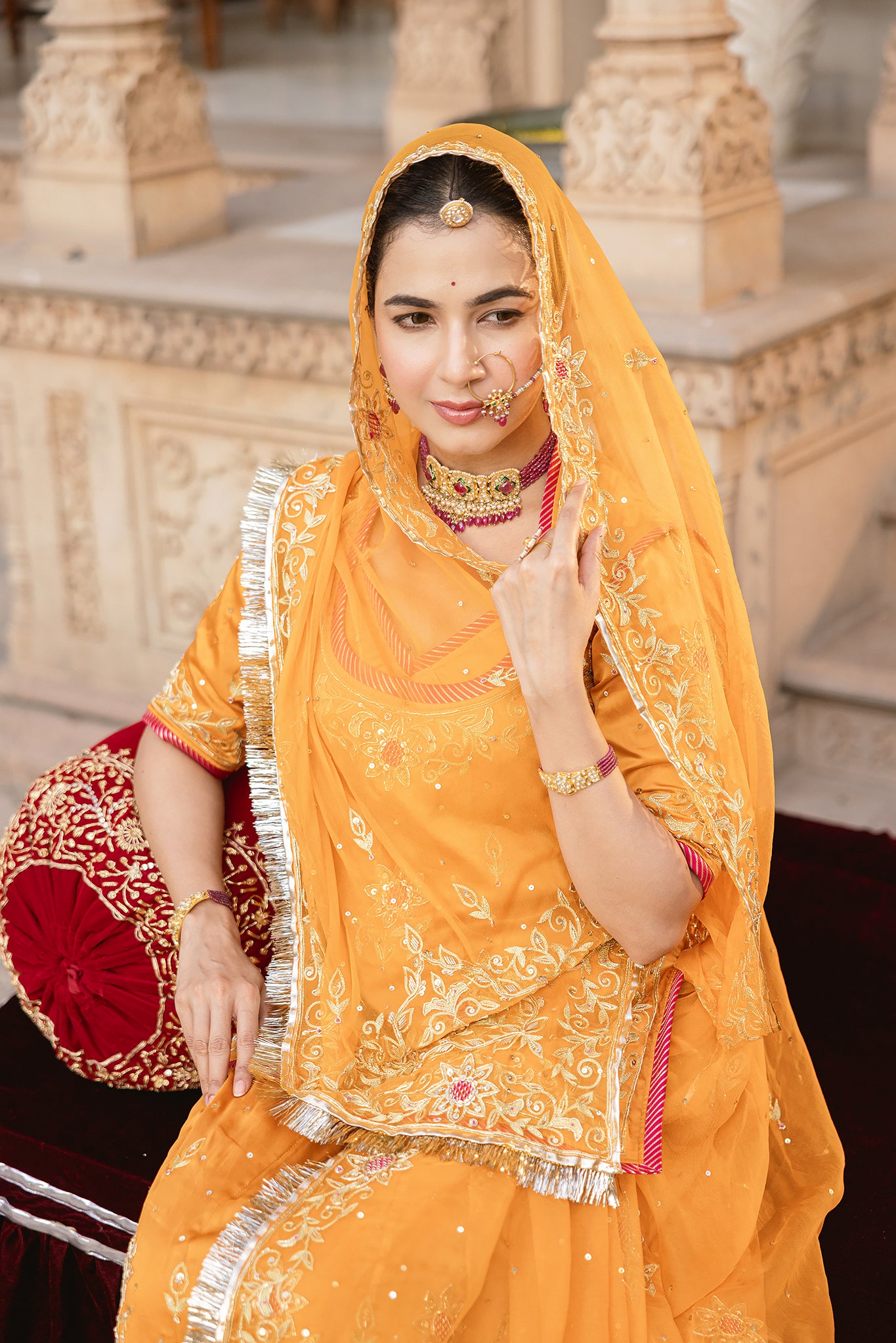 Mustard Yellow Bamber Satin Aari Salma Tari Handwork Poshak (Unstitched)