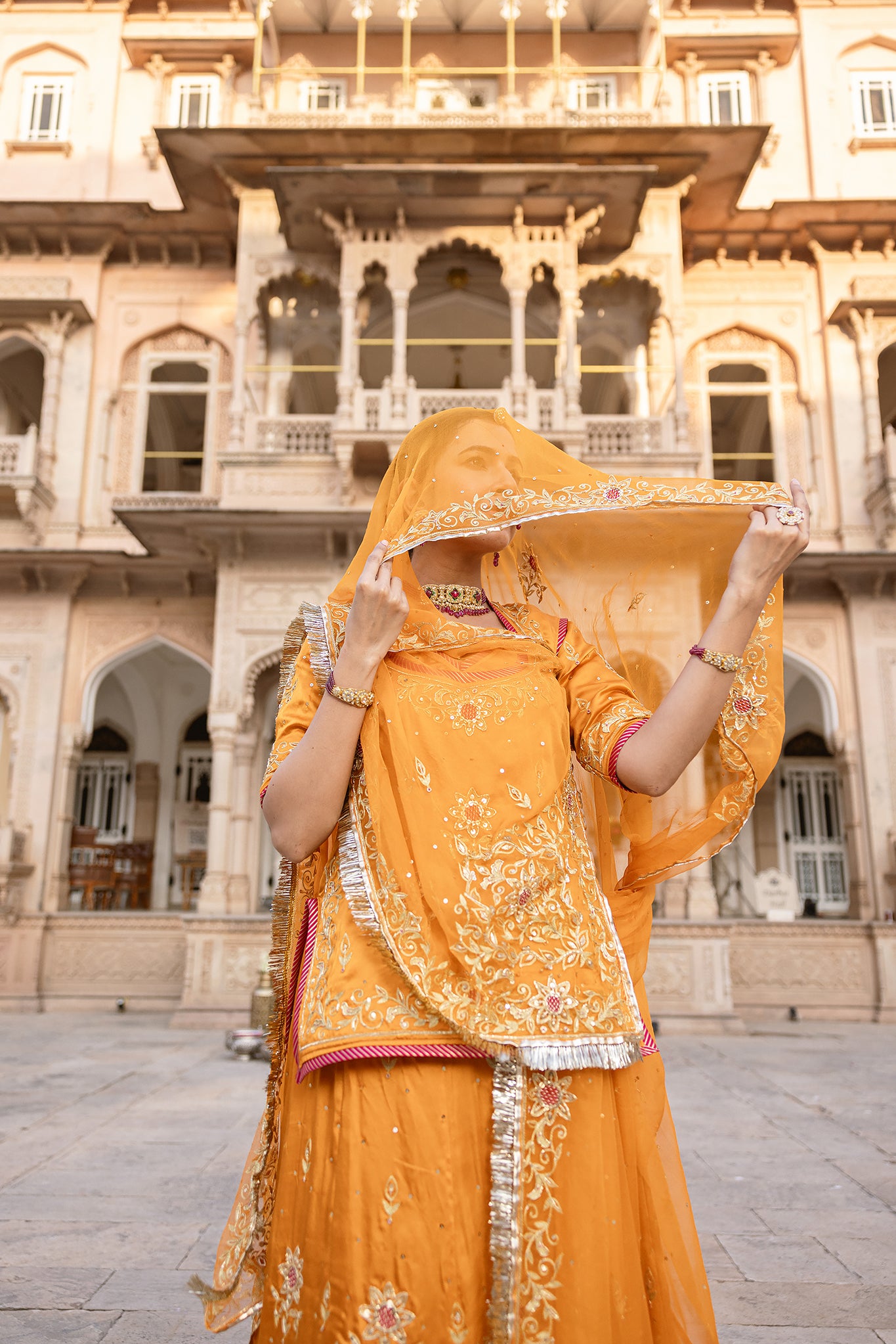 Mustard Yellow Bamber Satin Aari Salma Tari Handwork Poshak (Unstitched)