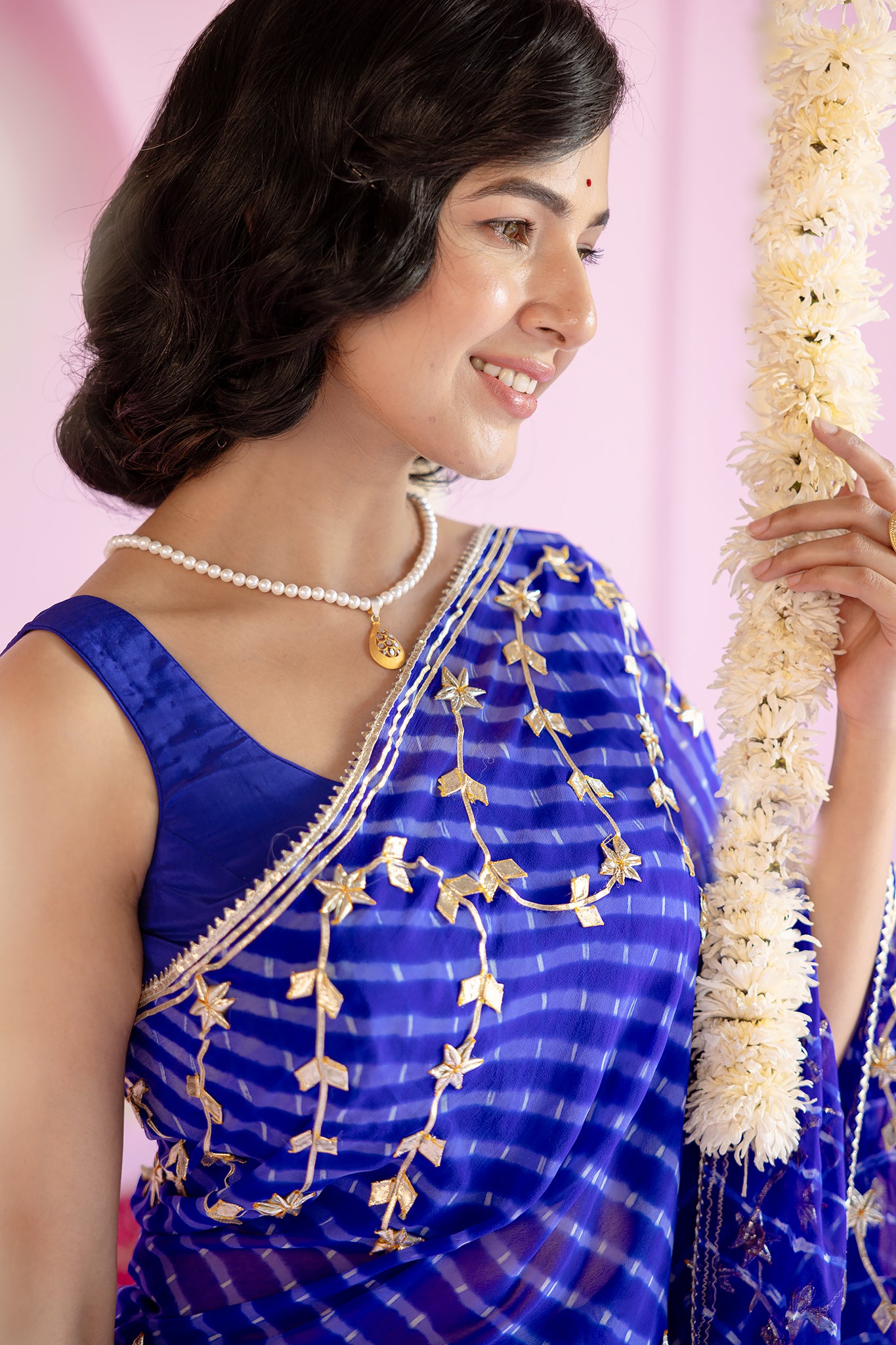 Pure Georgette 40 Gsm Blue Leheriya Mothda Sikhiya Gota Patti Work Saree