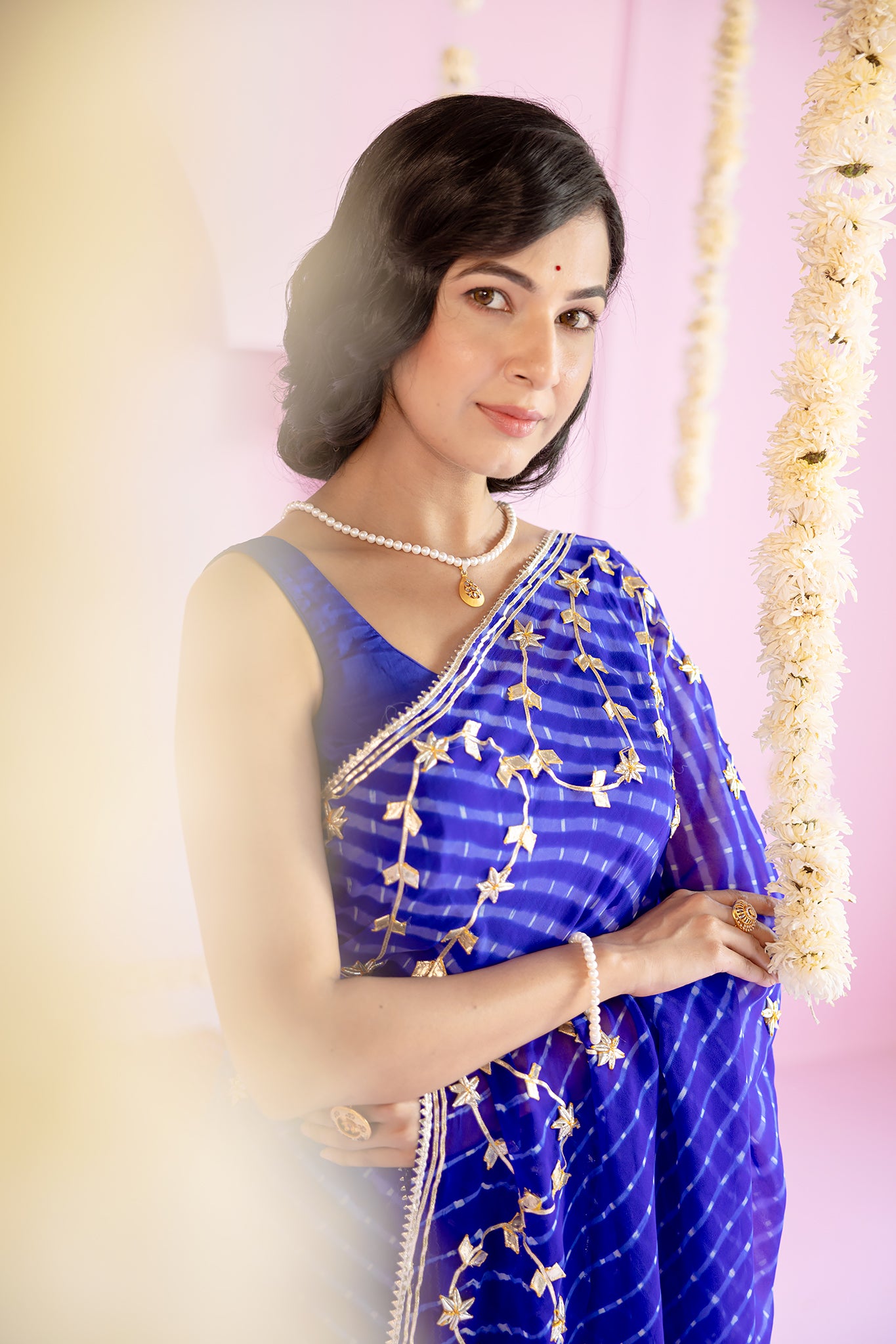 Pure Georgette 40 Gsm Blue Leheriya Mothda Sikhiya Gota Patti Work Saree