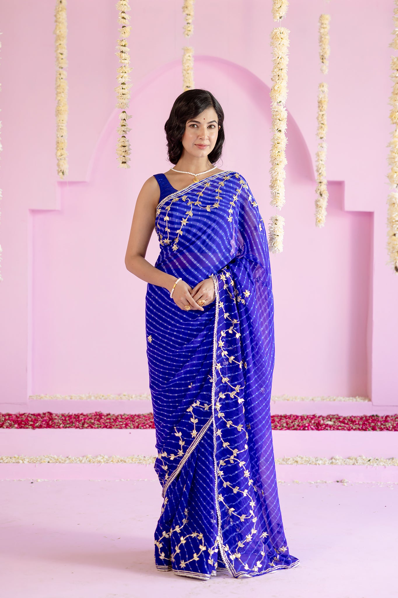 Pure Georgette 40 Gsm Blue Leheriya Mothda Sikhiya Gota Patti Work Saree