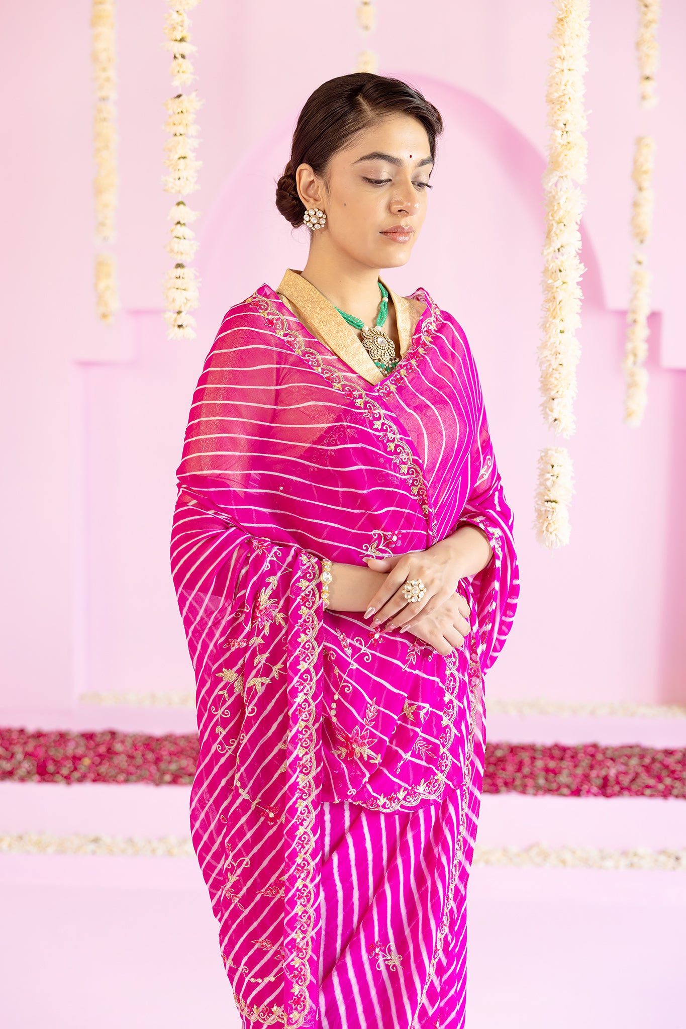 Pure Georgette 40 Gsm Leheriya Rani Aari sequins Kardana Work Saree